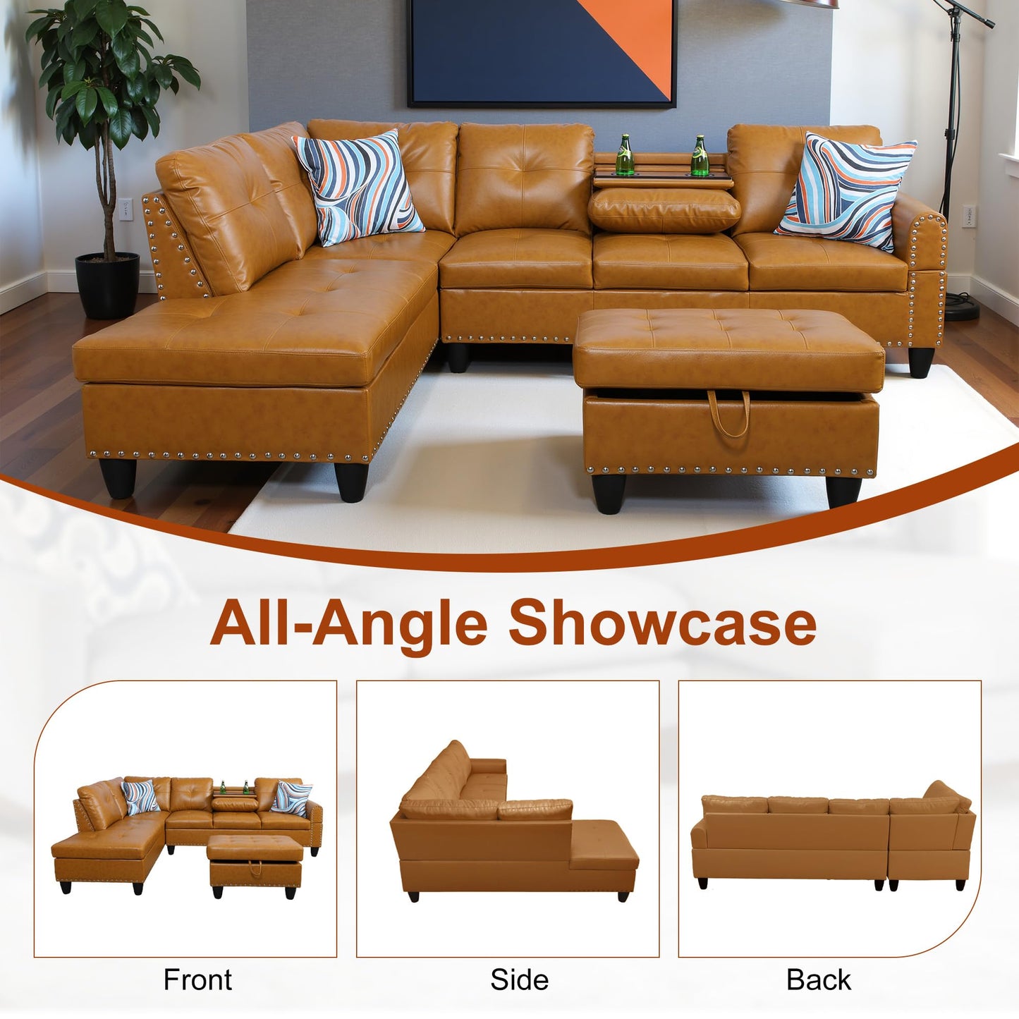 Osparple Sectional Couch L Shaped Couch for Living Room 3 Pieces Semi PU Synthetic Leather Modular Sectional Sofa Set with Chaise, Ottoman with Storage for Small Apartment, Ginger