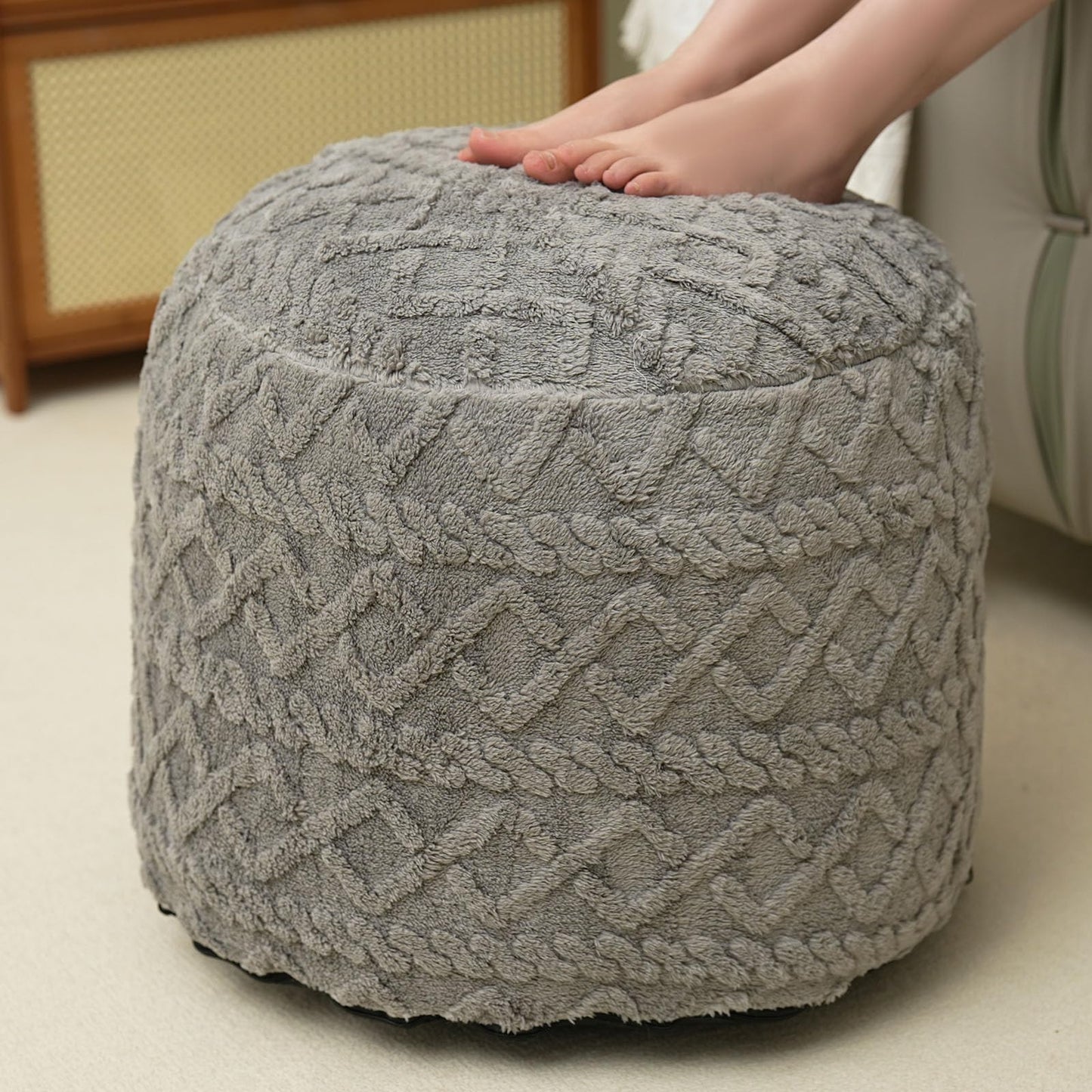 Round Stuffed Pouf Ottoman for Foot Rest, Faux Fur Poufs with Foam Chunk Filling, Storage Ottoman Pouf Foot Stool Cushion, 20 X 15 InchFloor Poufs Foot Rest for Living Room Bedroom Home Decor (Grey)