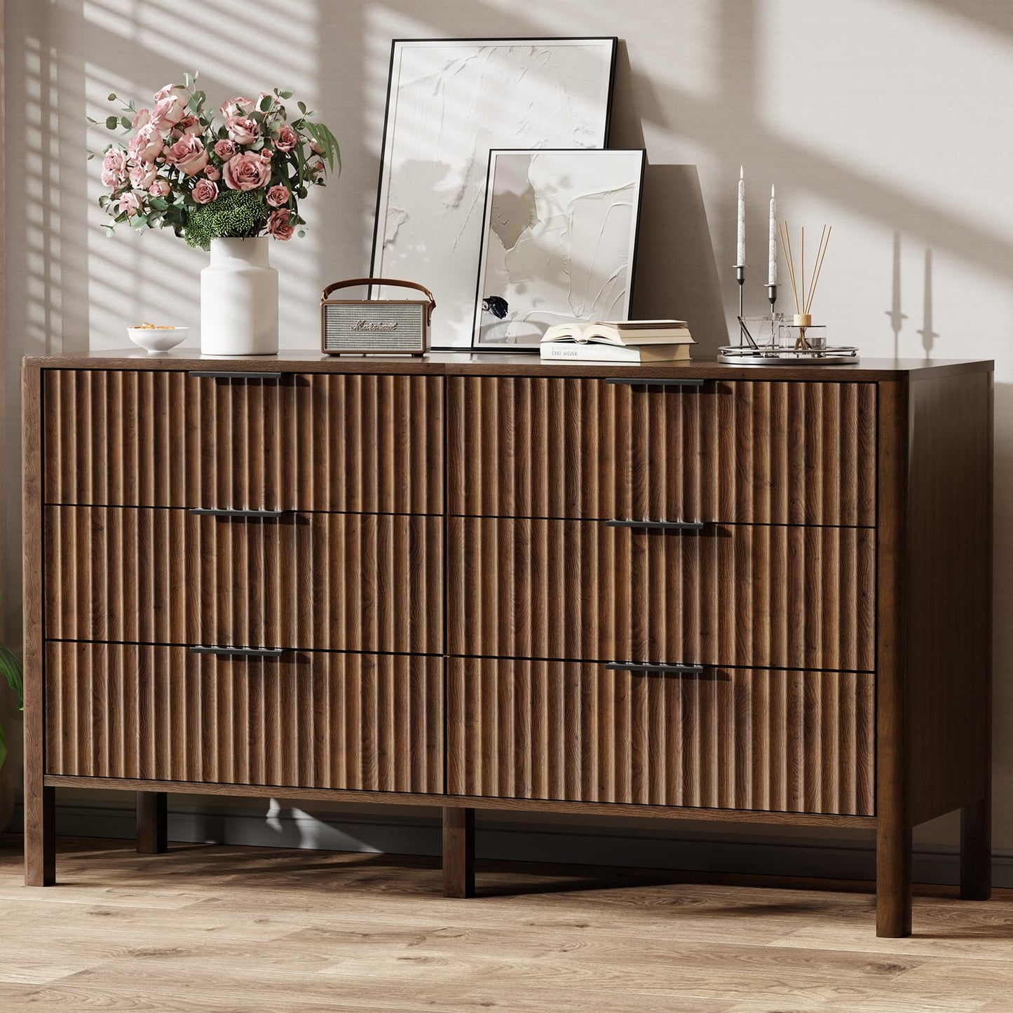55" Wide Fluted 6 Drawer Dresser for Bedroom, Wooden Dresser Modern Chest of Drawers TV Stand Dressers with Organizer Storage for Bedroom, Living Room, Entryway, Walnut