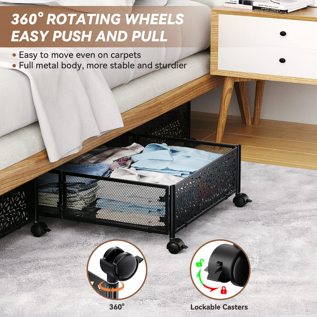 Under Bed Storage Containers with Wheels, Under Bed Shoe Storage Organizer Drawer, Tool-free Assembly Metal Storage Containers for Bedroom Clothes Shoes Blankets -2PCK