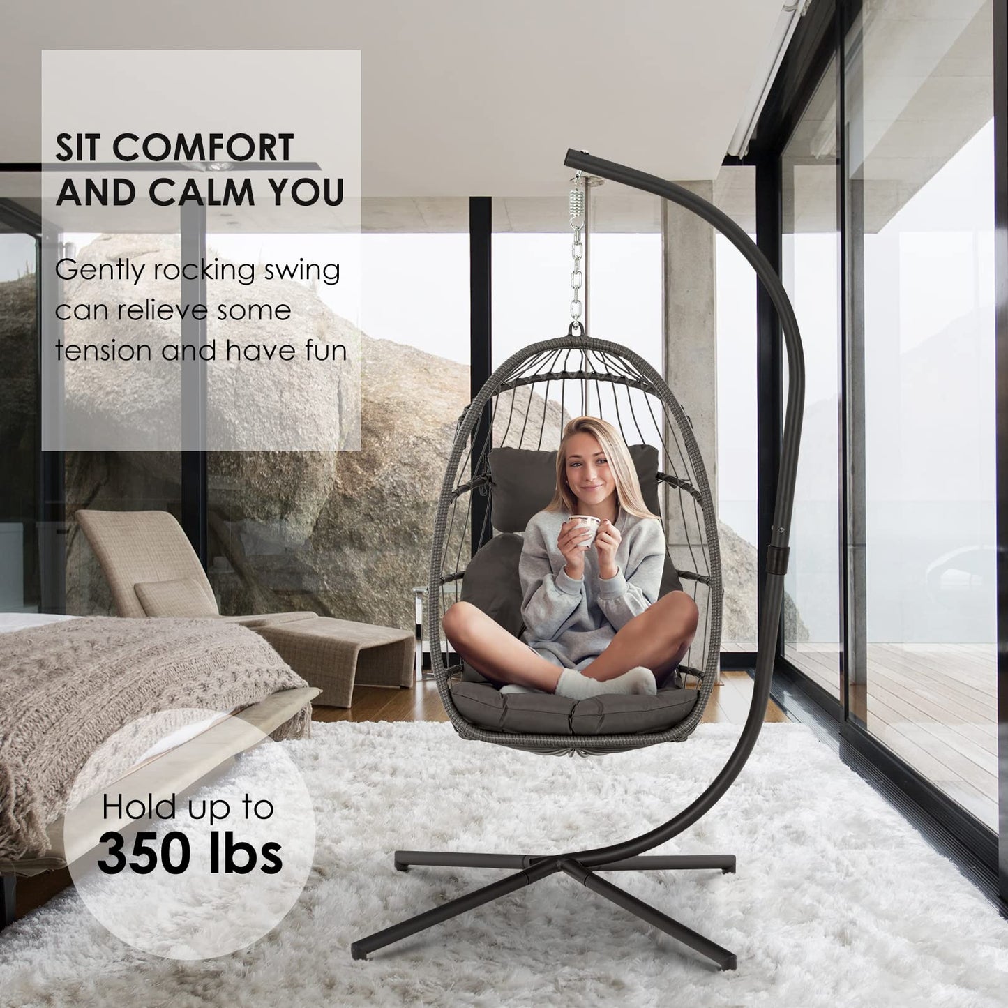 Brafab Swing Egg Chair, Hammock, Hanging Chair, Aluminum Frame and UV Resistant Cushion with Steel Stand, Indoor Outdoor Patio Porch Lounge Bedroom Hand Made Wicker Rattan, 350LBS Capacity