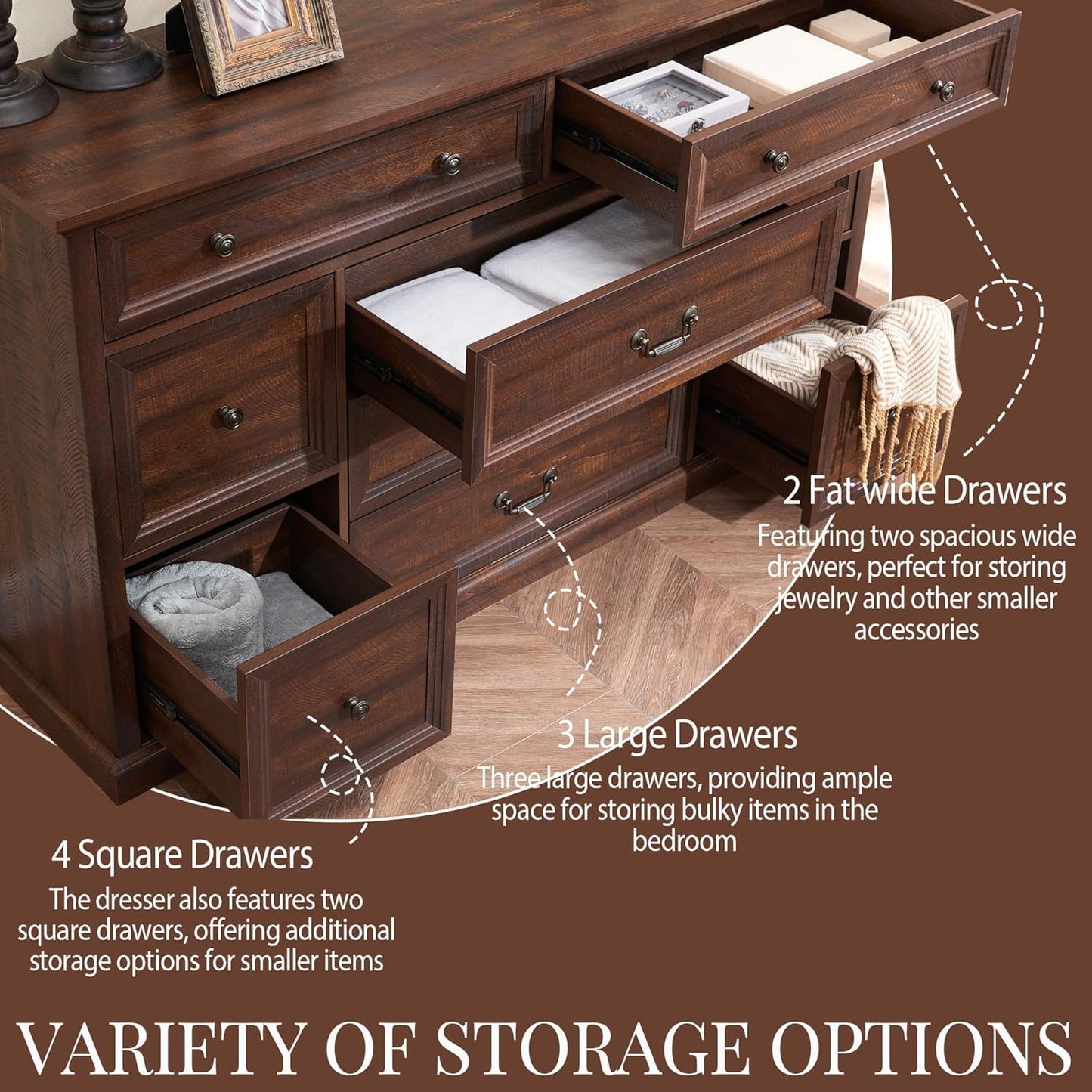 IFGET Farmhouse 9 Drawers Dresser for Bedroom, 60" Wide Wood Rustic Chest of Drawers, Large Storage Dressers Organizer for Bedroom, Living Room, Hallway, Dining Room-Brown
