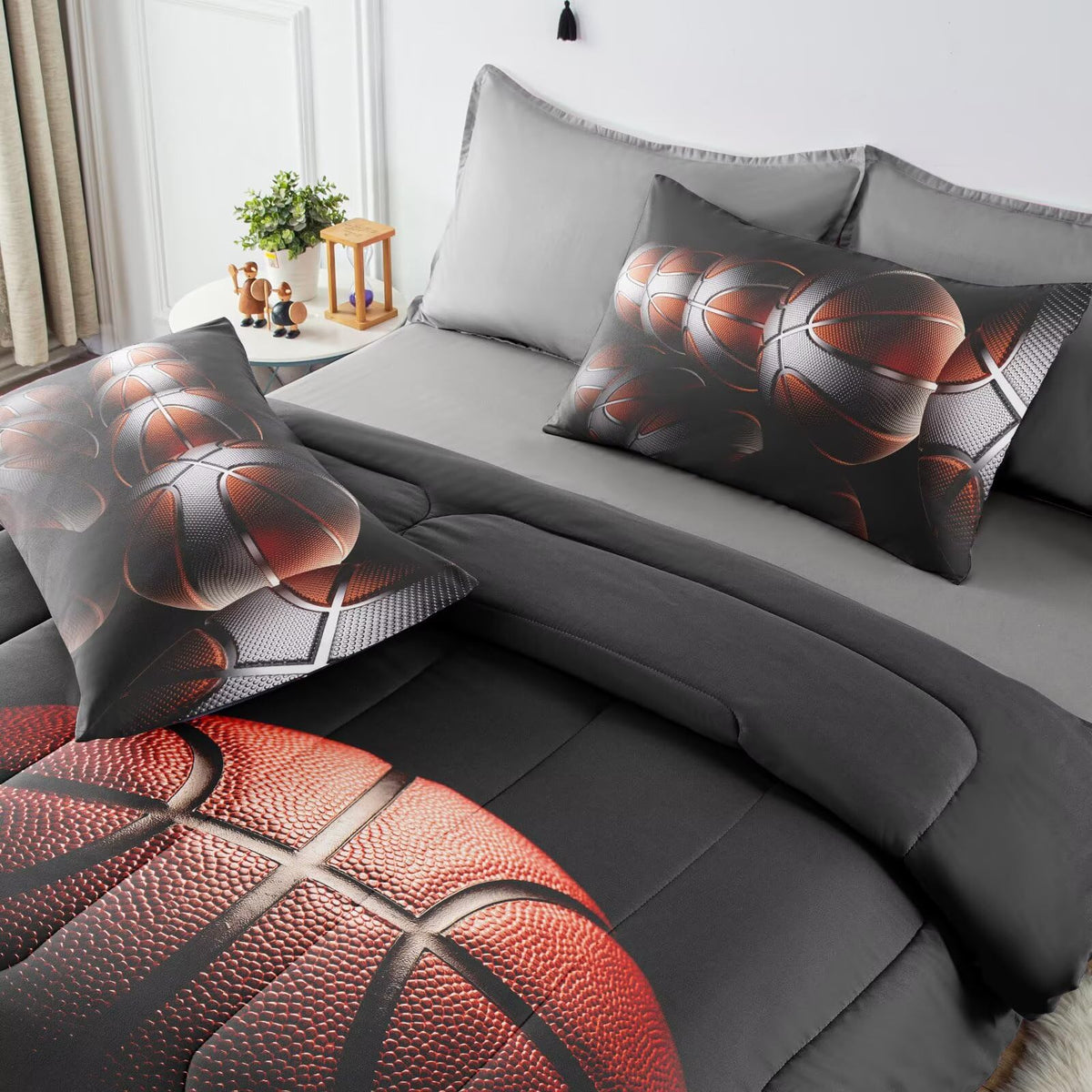 GRAT TIOC Teens Boys Sports Comforter Set Twin,Basketball Bedding Set for Kids,Sports Orange Basketball Comforter Sets,Black Teenage Boy Bedroom Bed Set 3 Pieces with Pillowcases