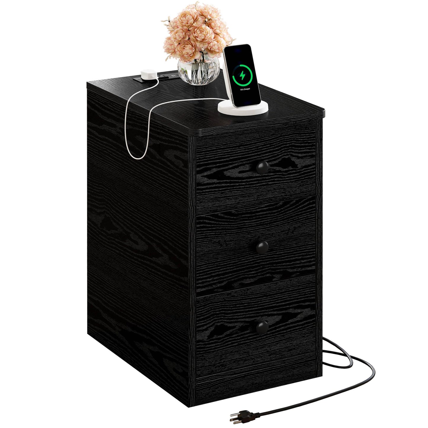 LIKIMIO Nightstand with Charging Station, Narrow Bedside Table with 3 Drawers, End Table with USB Ports and Outlets, Side Table for Living Room/Bedroom Modern