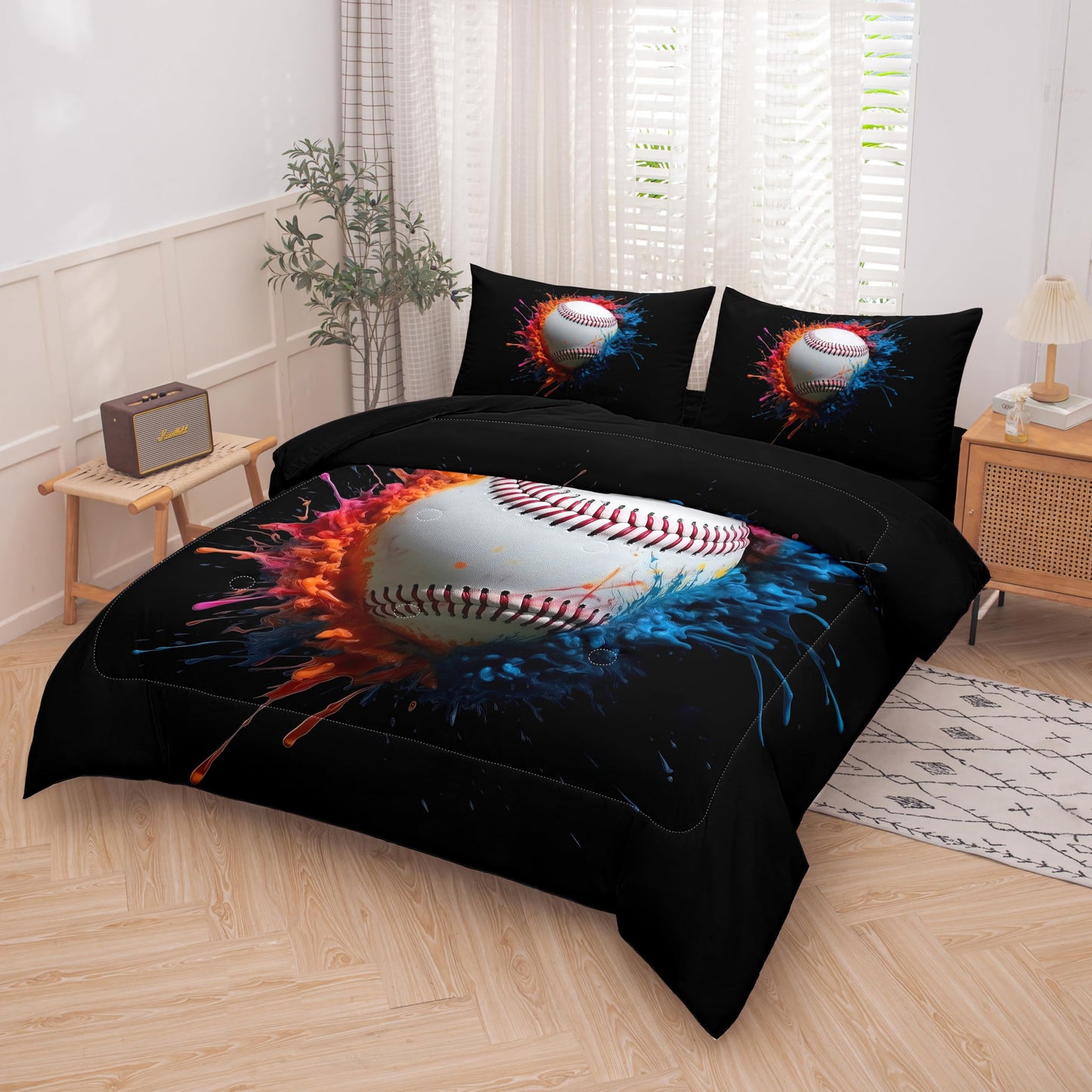 Helloosun 5PCS Baseball Comforter Set Full,Sports Bedding Sets for Boys,Full Comforter Sets for Boys,Baseball Bedding Set with Sheets