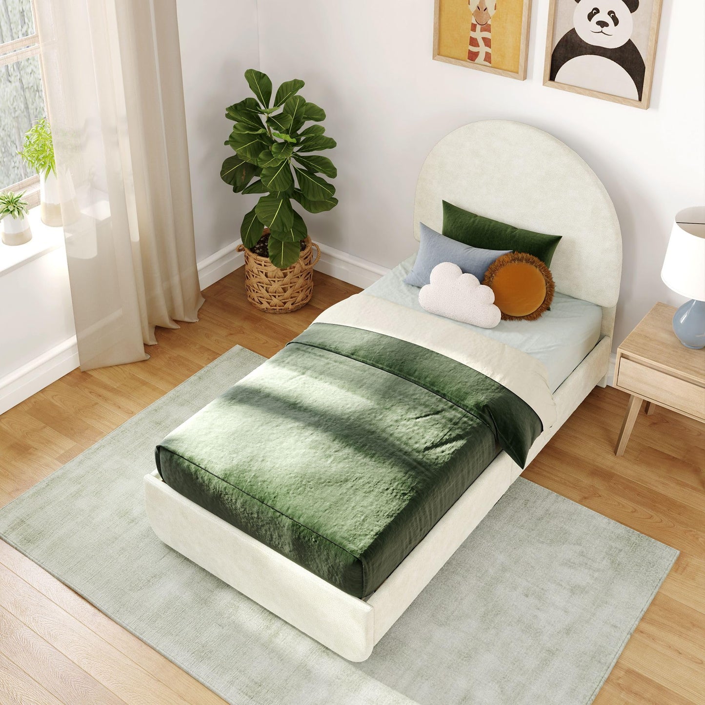 Max & Lily Upholstered Twin Bed Frame with Arch Headboard, Upholstered Platform Bed for Kids, No Box Spring Needed, Easy Assembly, Cream