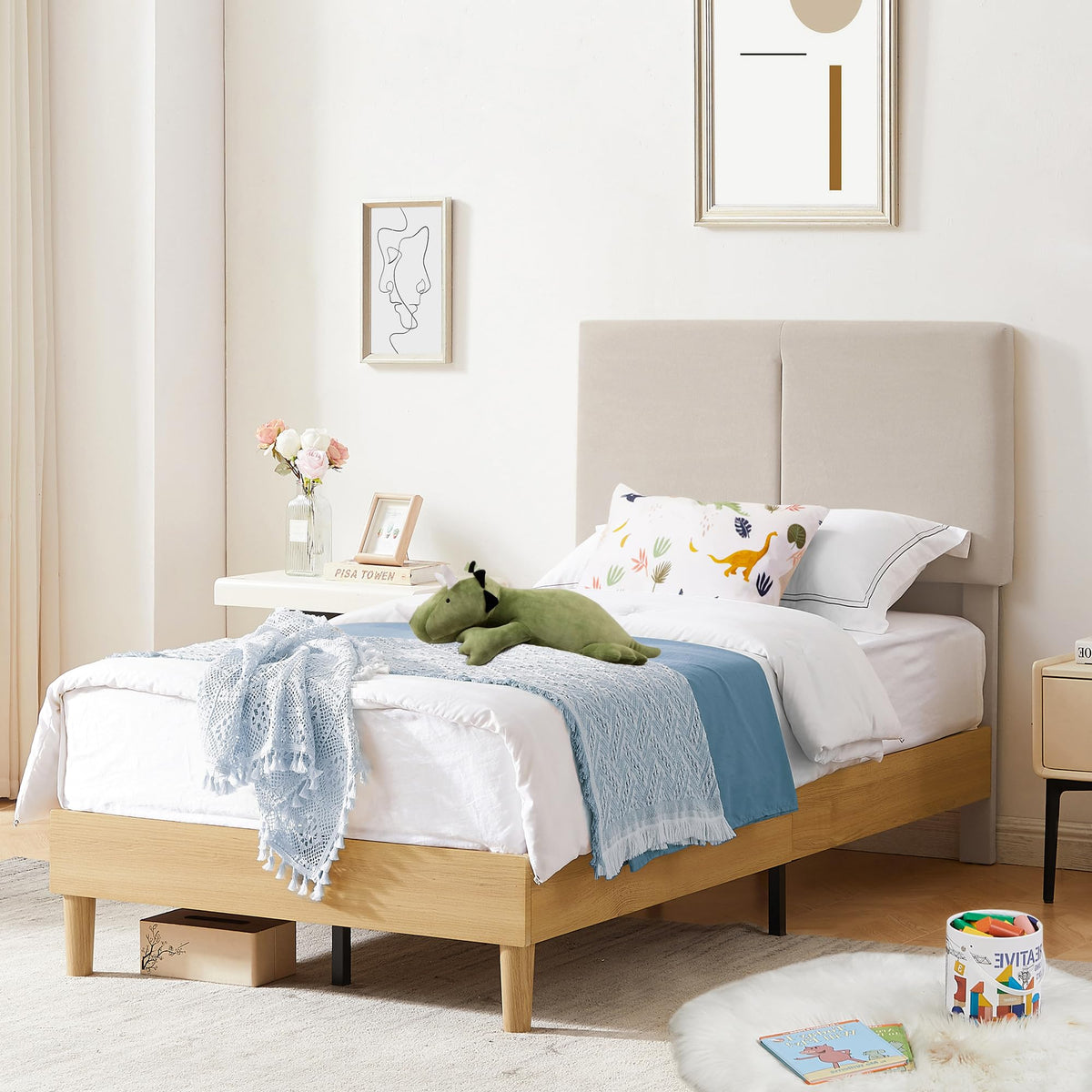 VECELO Twin Frame Upholstered Platform Height-Adjustable Cotton and Linen Headboard, Heavy Duty Wood Slats, 6" Under-Bed Space Noise-Free, No Box Spring Needed,Easy Assembly, Beige