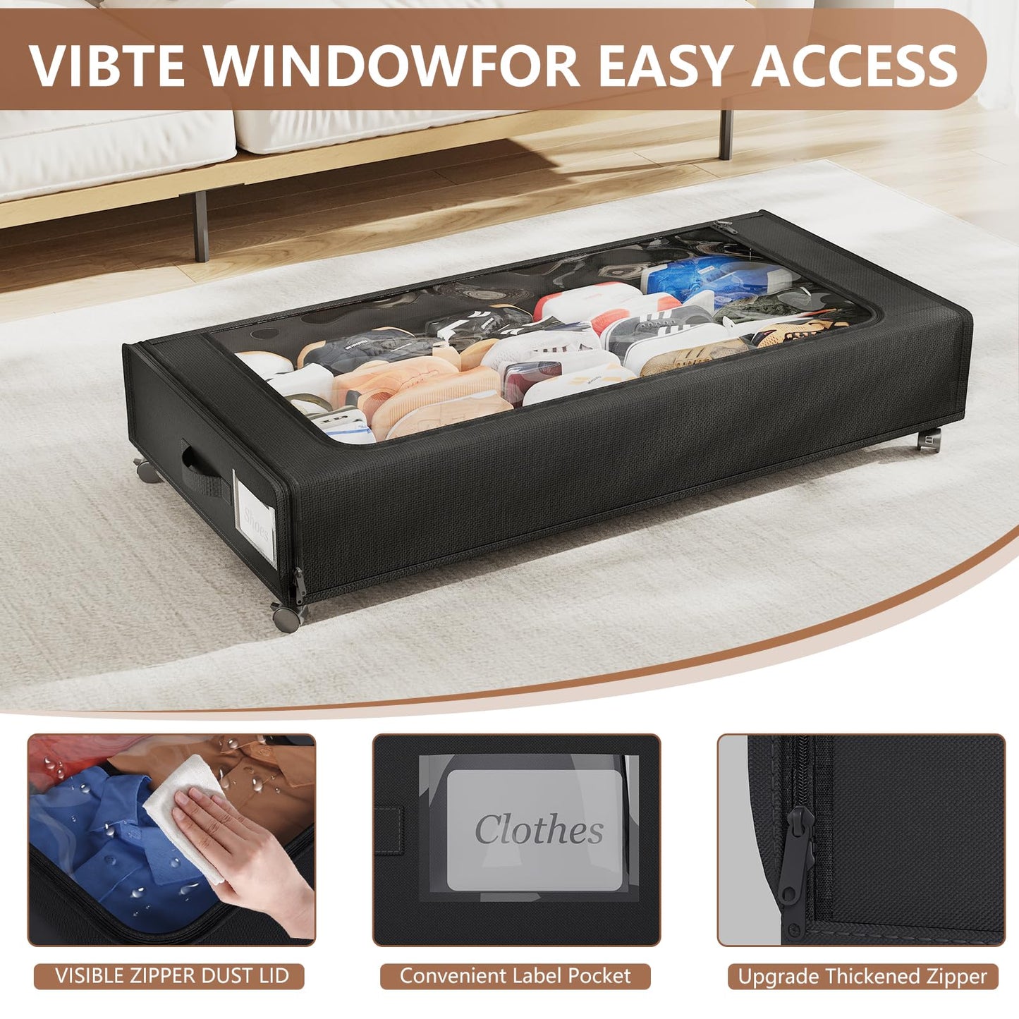 AUING XXXXL Extra Long Under Bed Storage with Wheels,BIGGEST Size Available(66L) under the bed storage Organizer with Lid&Label,Rolling Under the bed Metal Drawer for Clothes,Shoes,Toys(36x17x 6In)