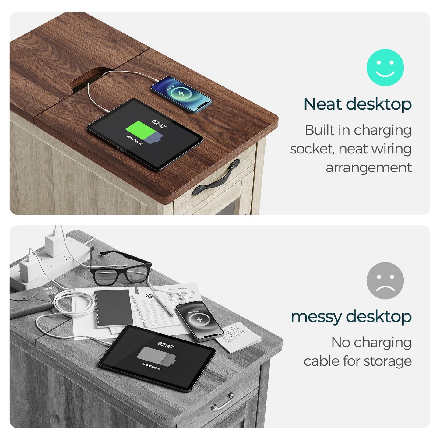 LINSY HOME End Table Set of 2 with Charging Station, Modern Farmhouse Sofa Couch Side Table, Wooden Bedside Table for Living Room, Slim Nightstand with Storage for Small Space, White Oak, Glass Door