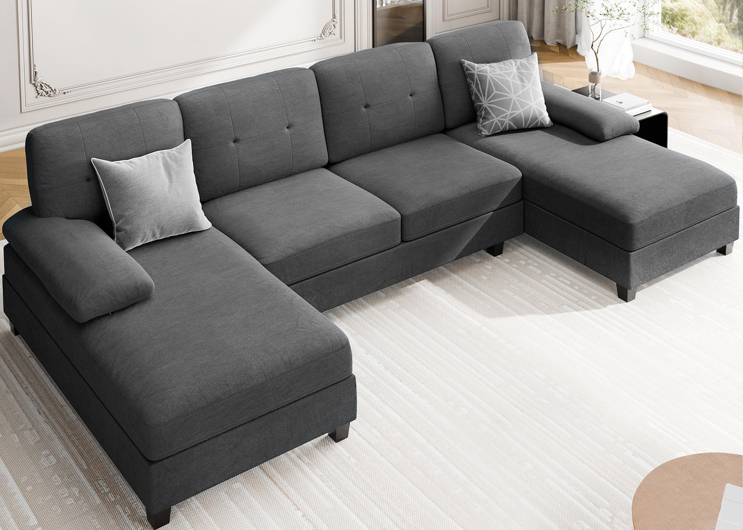 Meilocar Sectional Couches for Living Room, 106 in U Shaped Couch Soft Sectional Sofa with Double Chaise, Comfortable Fabric 4 Seat Sofa Couch for Apartment (Black)