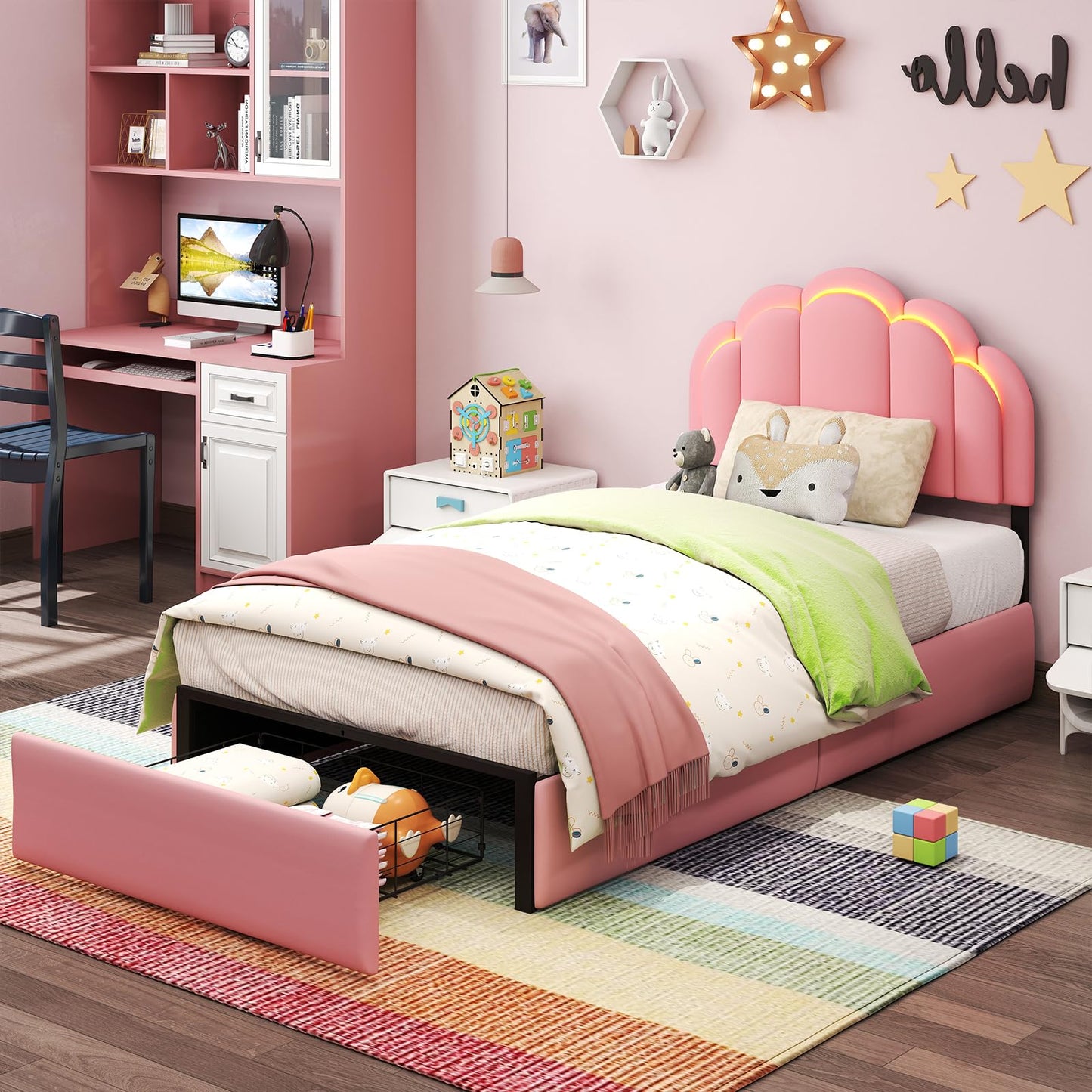 SADENICEL Twin Upholstered LED Bed Frame with Storage Drawer, Chic Double Wavy Headboard, Velvet Princess Platform Bed, Solid Wood Slats Support,No Box Spring Needed, Pink