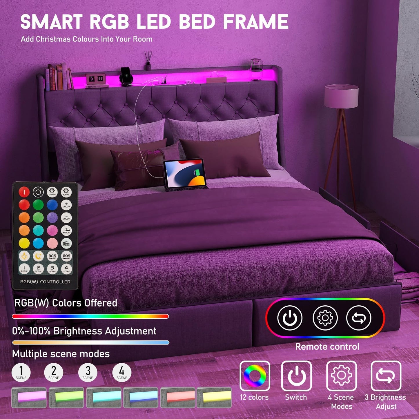 UINTAI Full Size Bed Frame with 4 Storage Drawers and LED Lights, Upholstered Platform Full Bed with Button Tufted Headboard and Charging Station, No Box Spring Needed, Easy Assembly, Gray