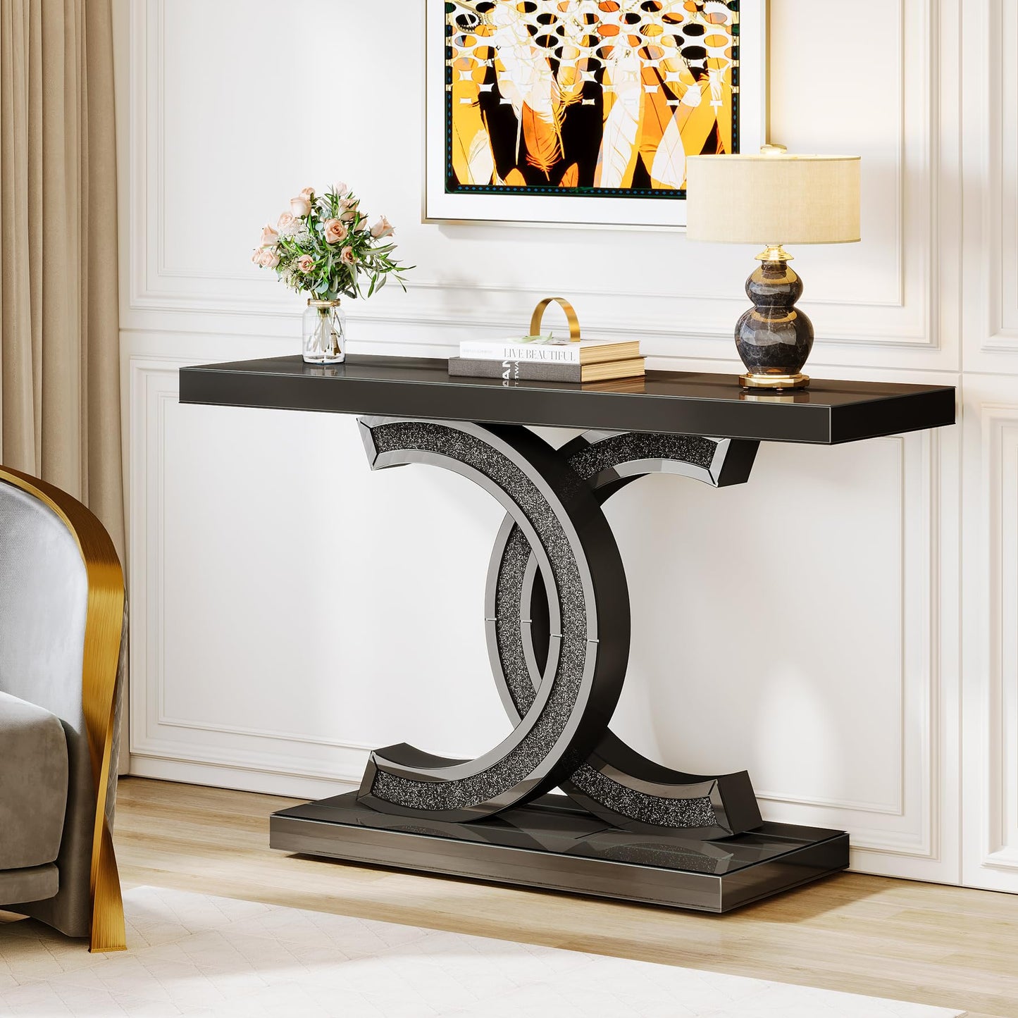 Mirrored Console Table, 39 Inch Modern Glass Entryway Table with C-Shaped Base, Black Finish Hallway Sofa Table for Living Room