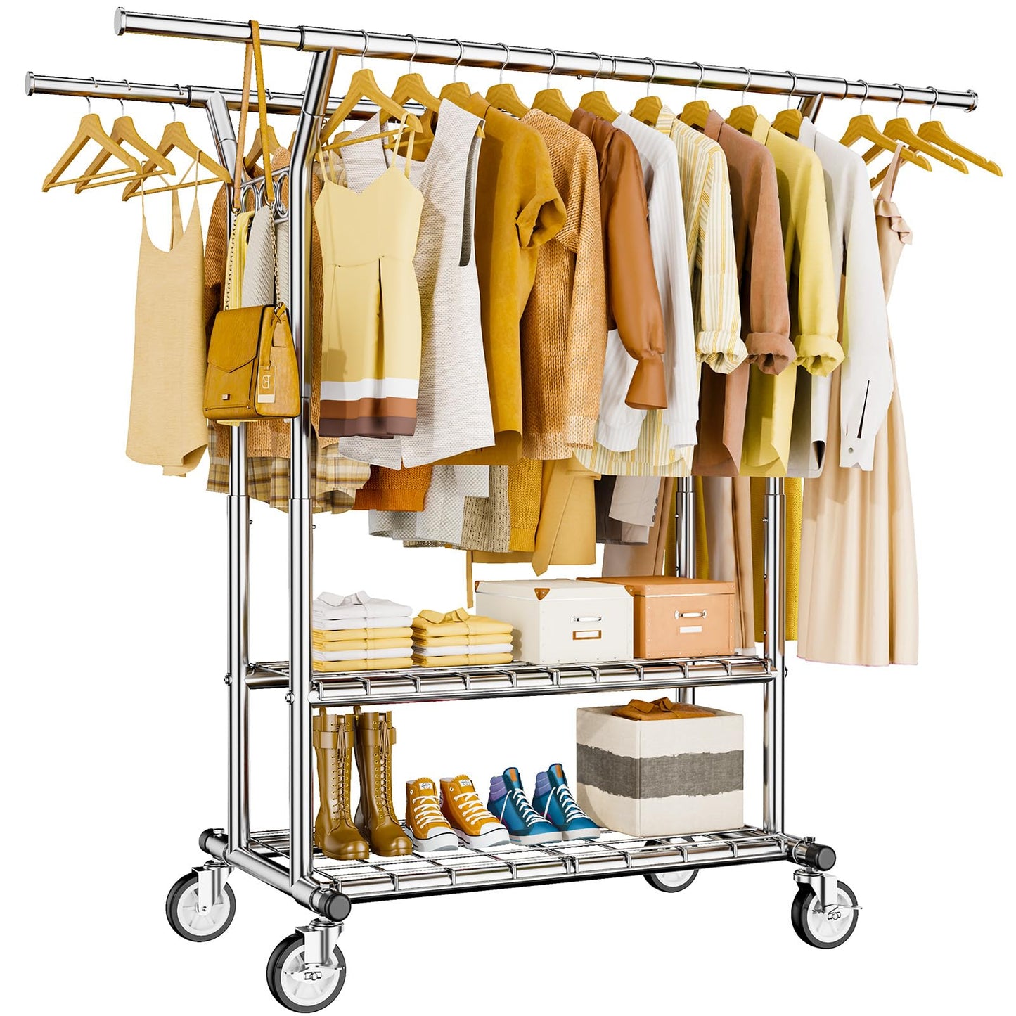 HYSEYY Heavy Duty Clothes Rack, Rolling Clothing Rack With Shelves Load 620 LBS, Double Rod Clothing Racks for Hanging Clothes, Portable& Adjustable Clothes Rack with Wheels Garment Rack