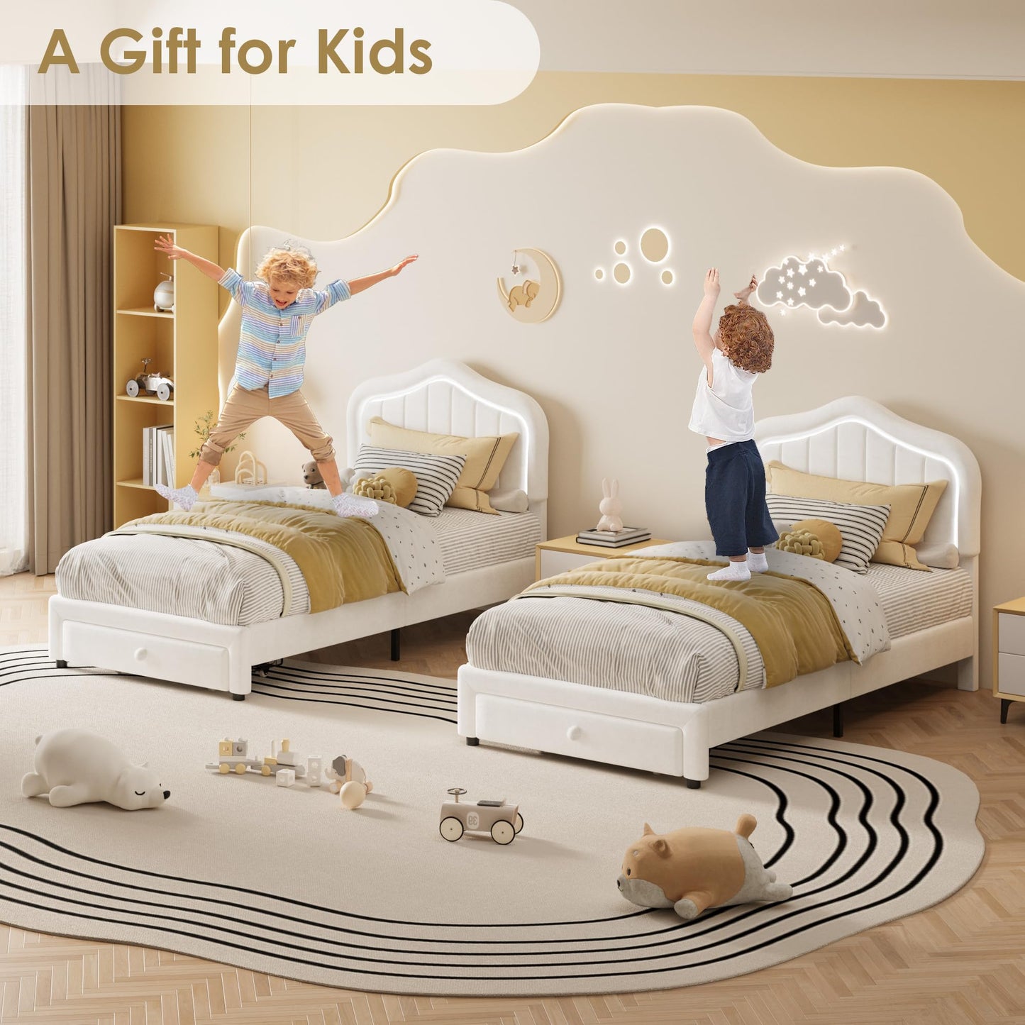 GarveeHome Twin Upholstered Bed Frame with Storage Drawer and Smart Led Headboard, Twin Size Platform Bed Frames for Kids, Wooden Slats Support, No Box Spring Needed, Easy Assembly, White
