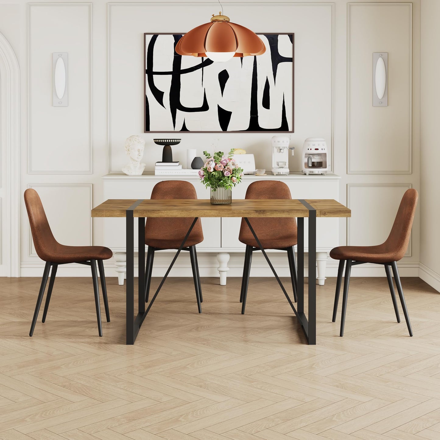 MUUOKY Dining Table Set for 4, Modern 55'' Dark Wood Dining Table and Fabric Dining Chairs Set of 4,Table and Chairs Set of 4,Ideal for Kitchen Dining Room