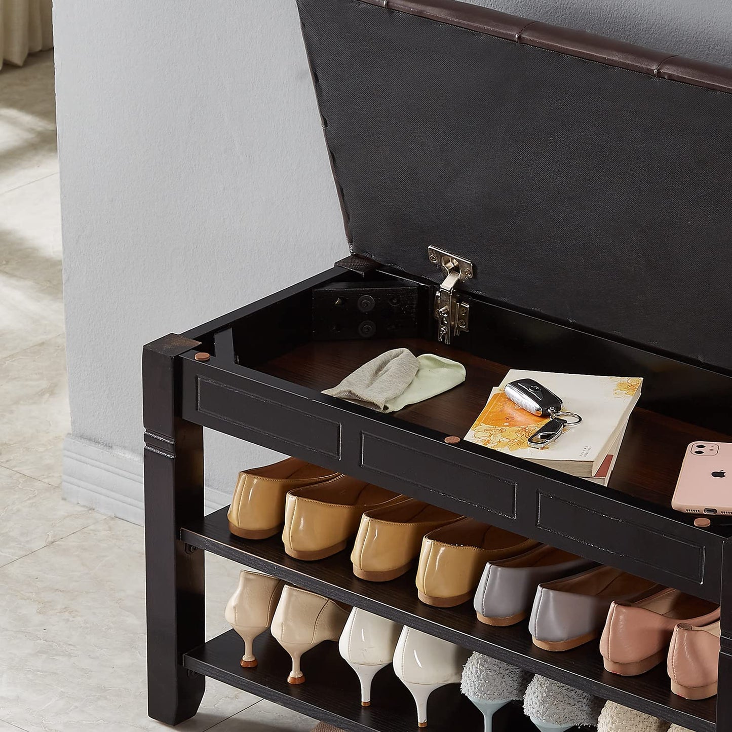 ZIRKOOON Shoe Storage Bench, Entryway Shoe Rack with Fiberleather Seat 2-Tier Lift Top Organizer Wooden Shoe Bench for Entryway Hallway Living Room (Black 39.4x13.8x18.9'')