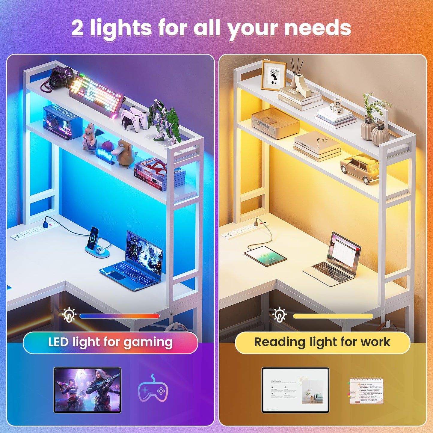 SEDETA White Corner Desk, Reversible 45.3” Small Computer Desk with Power Outlet and LED Lights, Corner Computer Desk with Hutch, Storage Shelves and Hooks for Small Space