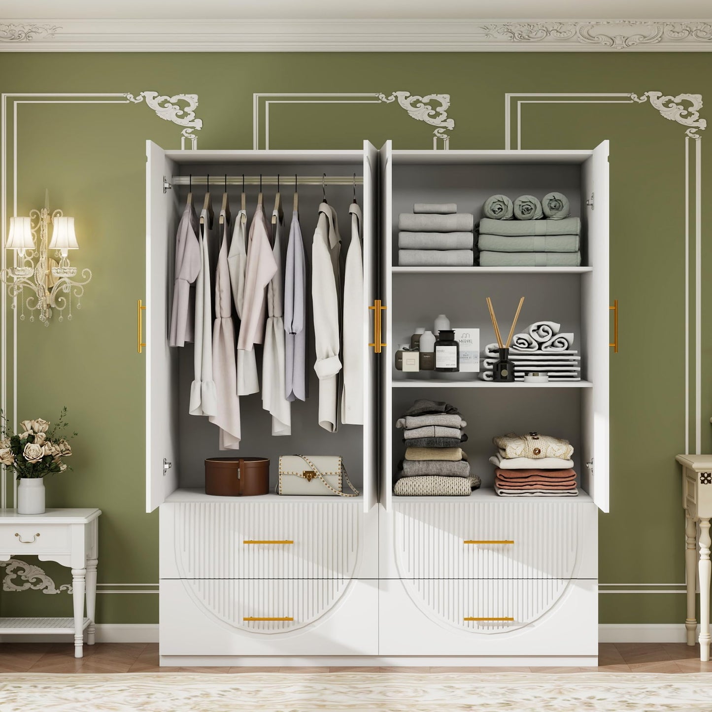 Keloyid Wardrobe Armoire Closet with 4 Door, 3 Shelves, 4 Drawers and 1 Hanging Rods, Wooden Closet Storage Cabinet for Bedroom, White