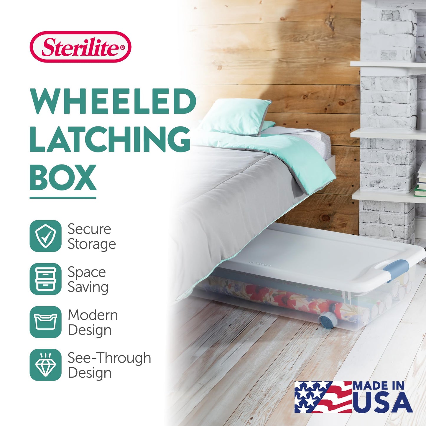 Sterilite 56 Qt Wheeled Latching Storage Box, Stackable Bin with Latch Lid, Plastic Container to Organize Shoes Underbed, Clear with White Lid, 4-Pack