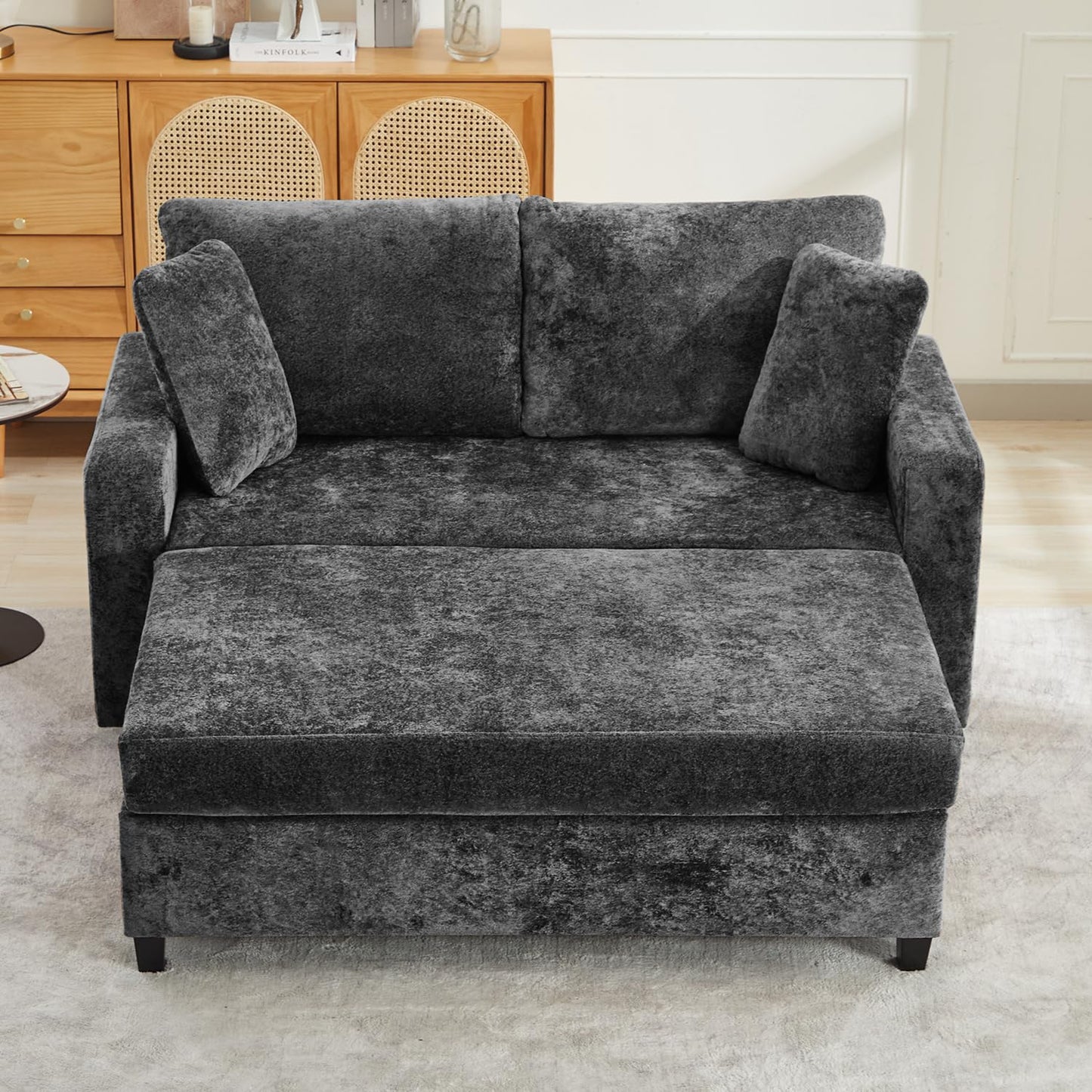 Tbfit 59.4'' Oversized Chaise Lounge Chair Indoor, Upholstered Loveseat Sofa with Storage Ottoman, Pillows & Armrests, Chenille Sleeper Chair, Comfy Couches for Living Room, Bedroom, Apartment, Black