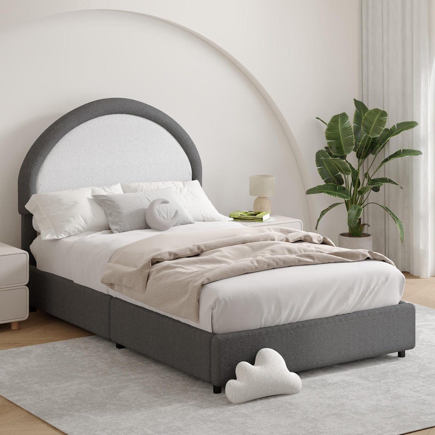 REVOMINCA Twin Boucle Bed Frame, Boucle Upholstered Platform Bed Twin Size with Headboard, Twin Bed Frame for Kids Boys Girls, Low Profile Bed, Soft Rounded Corners, No Box Spring Needed, Grey