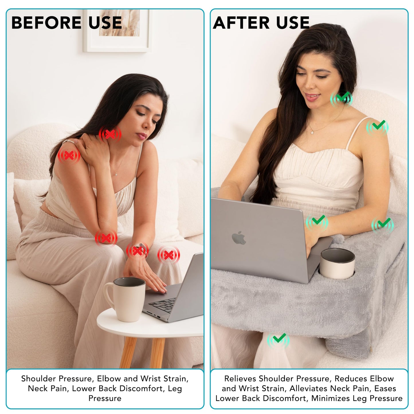 Reading Pillow for Gaming – Extra Large Lap Desk & Arm Rest with Cup & Phone Holder, Adjustable Heights, Laptop Support, Large Pockets – Comfortable for Work, Gaming & Crocheting (Furry Grey)