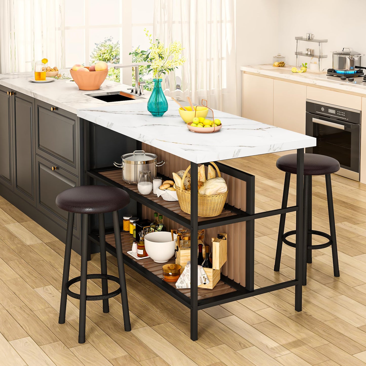 DKLGG Kitchen Island with Stools & Storage, Modern Dining Table Set for 2, 3 Piece Kitchen & Dining Room Sets Island Table for Small Space, Apartment, Home Bar, White