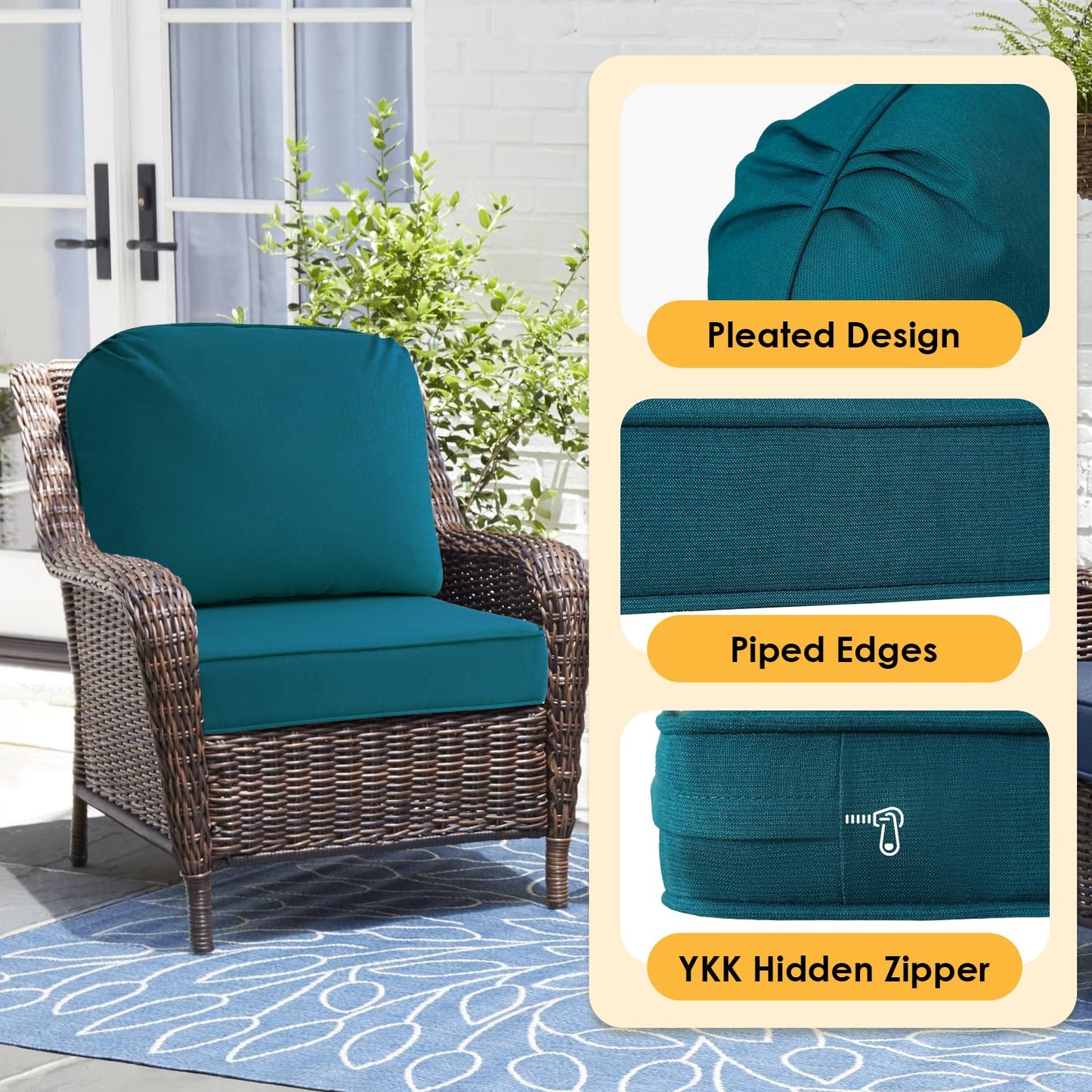 Supdurplus Outdoor Sunbrella Cushions for Patio Furniture Set of 2, 24"x24" Water Repellent Chair Cushions Removable Seat Bottom & Back Cushion Covers for Chair, Sofa, Couch, Spectrum Peacock