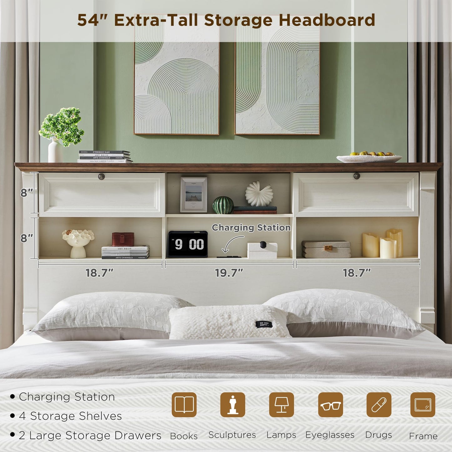 Farmhouse Queen Size Bed Frame with 54" Tall Storage Bookcase Headboard, Wood Platform Bed Frame with 2 Drawers & 18" Tall Roman Column Decoration Footboard, No Box Spring Needed(Antique White)