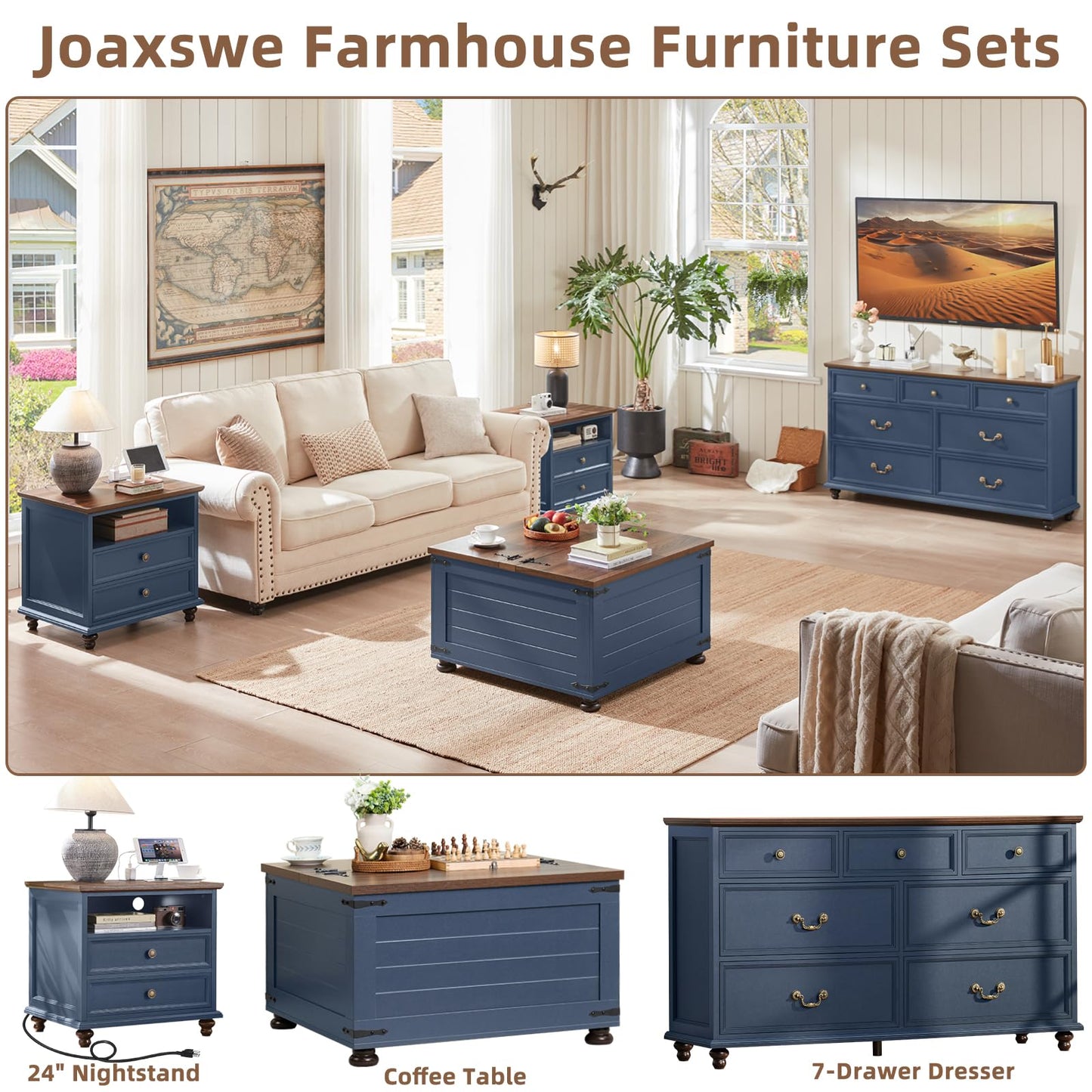 Joaxswe 24" Wide Farmhouse Nightstand with Charging Station, End Table with 2 Drawers, Blue Wood Dresser for Bedroom Cabinet, Bed Side Table Chest of Drawers, Night Stand for Living Room, Closet