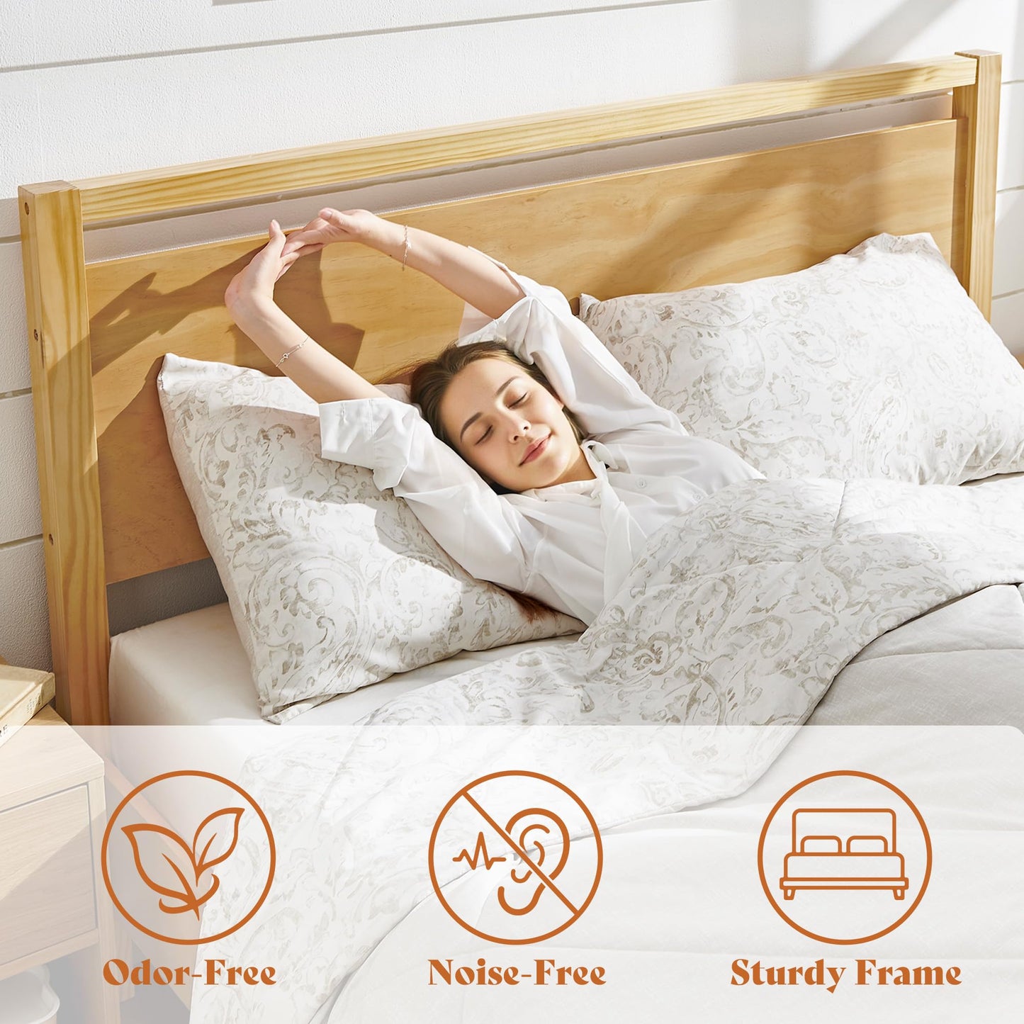 AMERLIFE King Size Solid Wood Bed Frame with Headboard, Minimalist Platform Bed with Wood Slats Support/No Box Spring Needed/Easy Assembly/Noise-Free, Natural