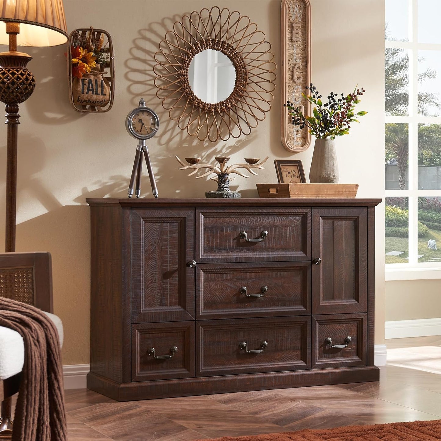 IFGET Farmhouse 5 Drawers Dresser for Bedroom, Wood Rustic Storage Organizer Closet Chest, Chest of Drawers w/Groove Barn Door&Shelf for Closet, Hallway, Living Room, Dining Room-Brown