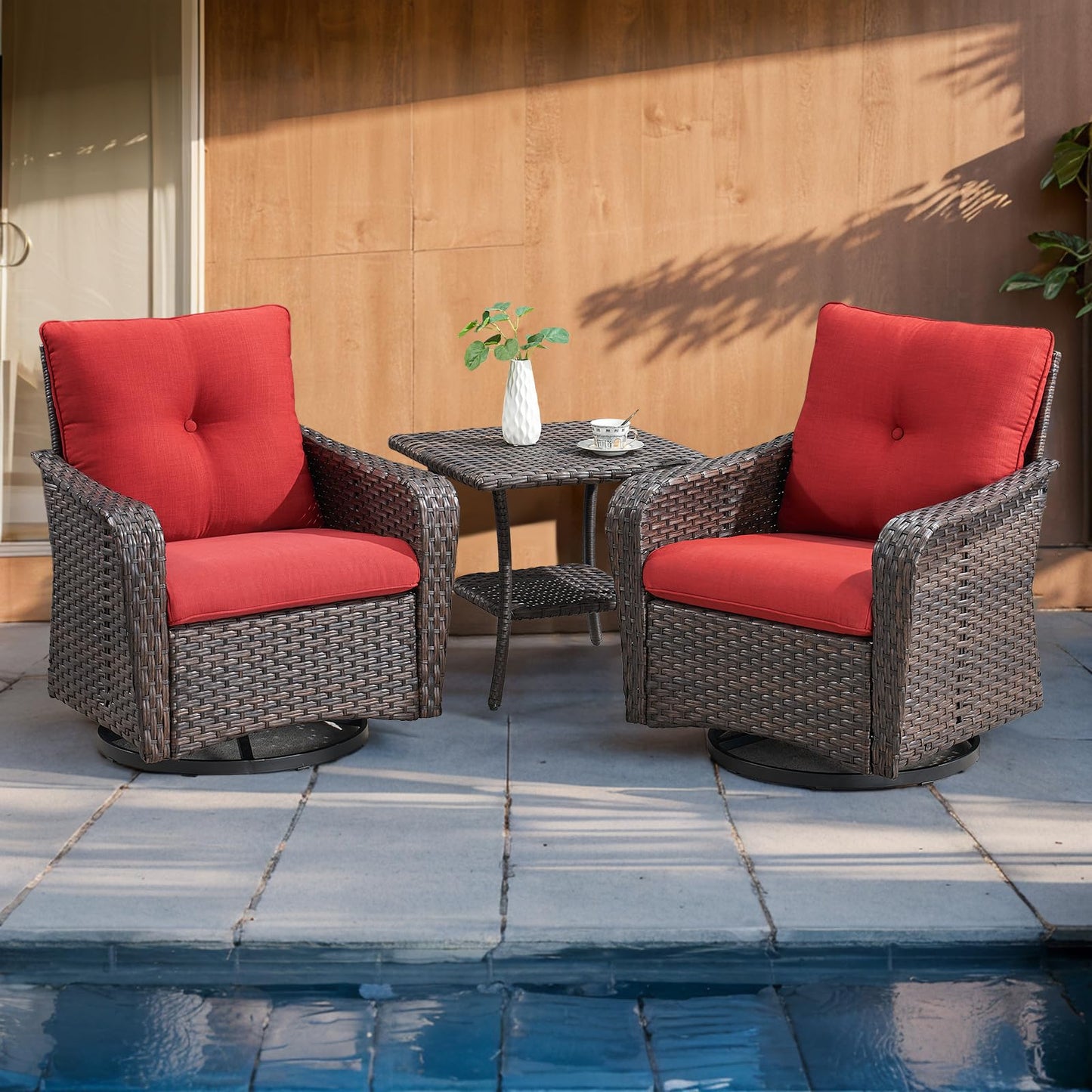 Rilyson Outdoor Patio Swivel Rocker Chairs - 3 PC Wicker Patio Bistro Sets with High Back,Thick Comfy Cushions, Deep Seating and Side Table for Porch Deck Backyard Garden(Brown/Red)