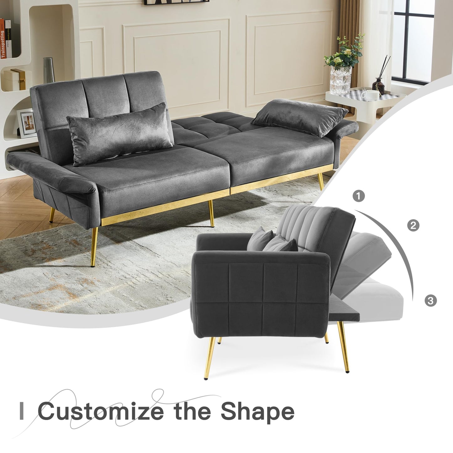 DIFY 70'' Velvet Futon Sofa Bed, Convertible Sleeper Sofa Tufted Couch with Adjustable Armrests and Backrest, Modern Loveseat Sleeper Bed with 2 Bolster Pillows for Living Room, Grey