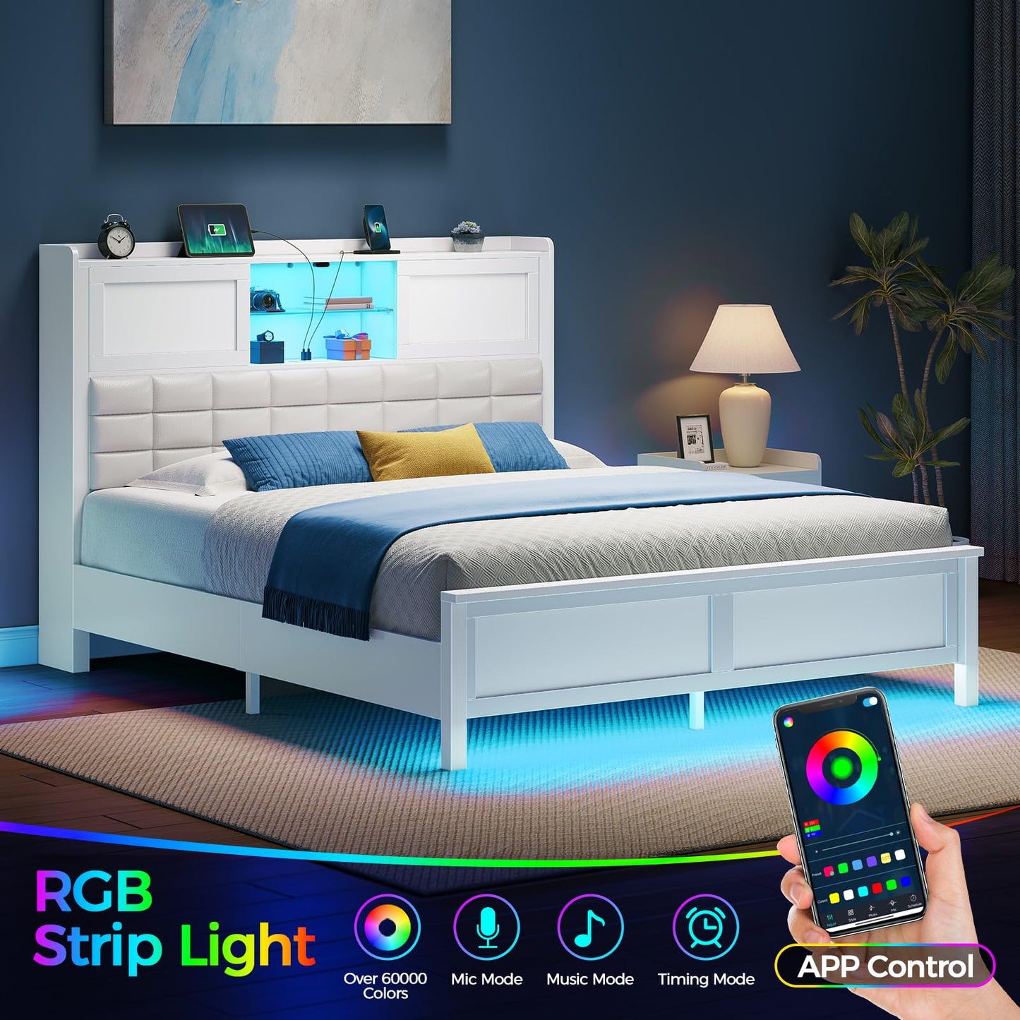 Rolanstar Queen Bed Frame with Charging Station, Bookcase Headboard Bed with LED Light and Sliding Doors, Platform Bed with Wooden Slats, No Box Spring Needed, Noise Free, White