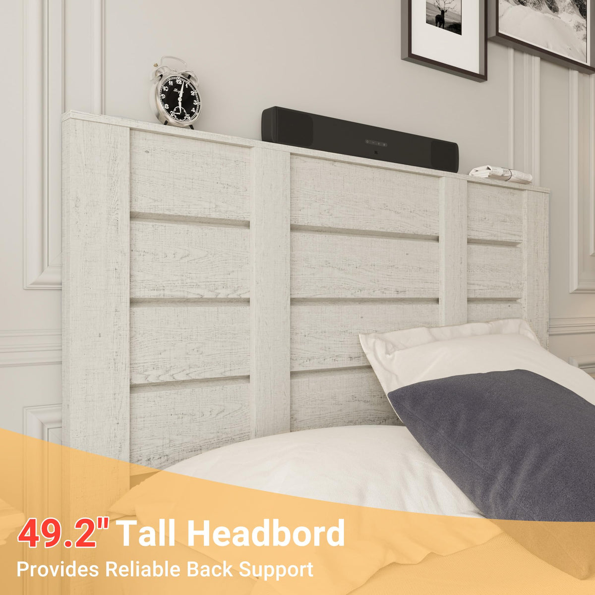 Mekminop Queen Size Wood Bed Frame with Tall Headboard & Footboard, Farmhouse Platform Bed with Solid Wood Slats Support, No Squeak, No Box Spring Needed (Beige Wood Grain)