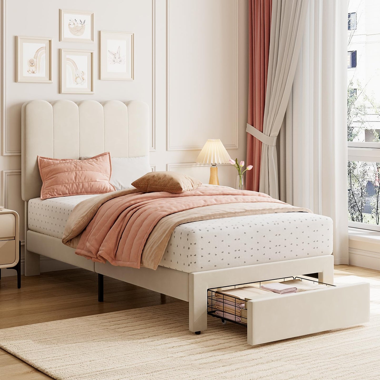 GarveeHome 2 Sets Twin Bed Frame with Under-Bed Drawer, Upholstered Platform Bed with Wave Headboard for Kids/Girls, Wooden Slats Support, No Box Spring Needed, Velvet Beige