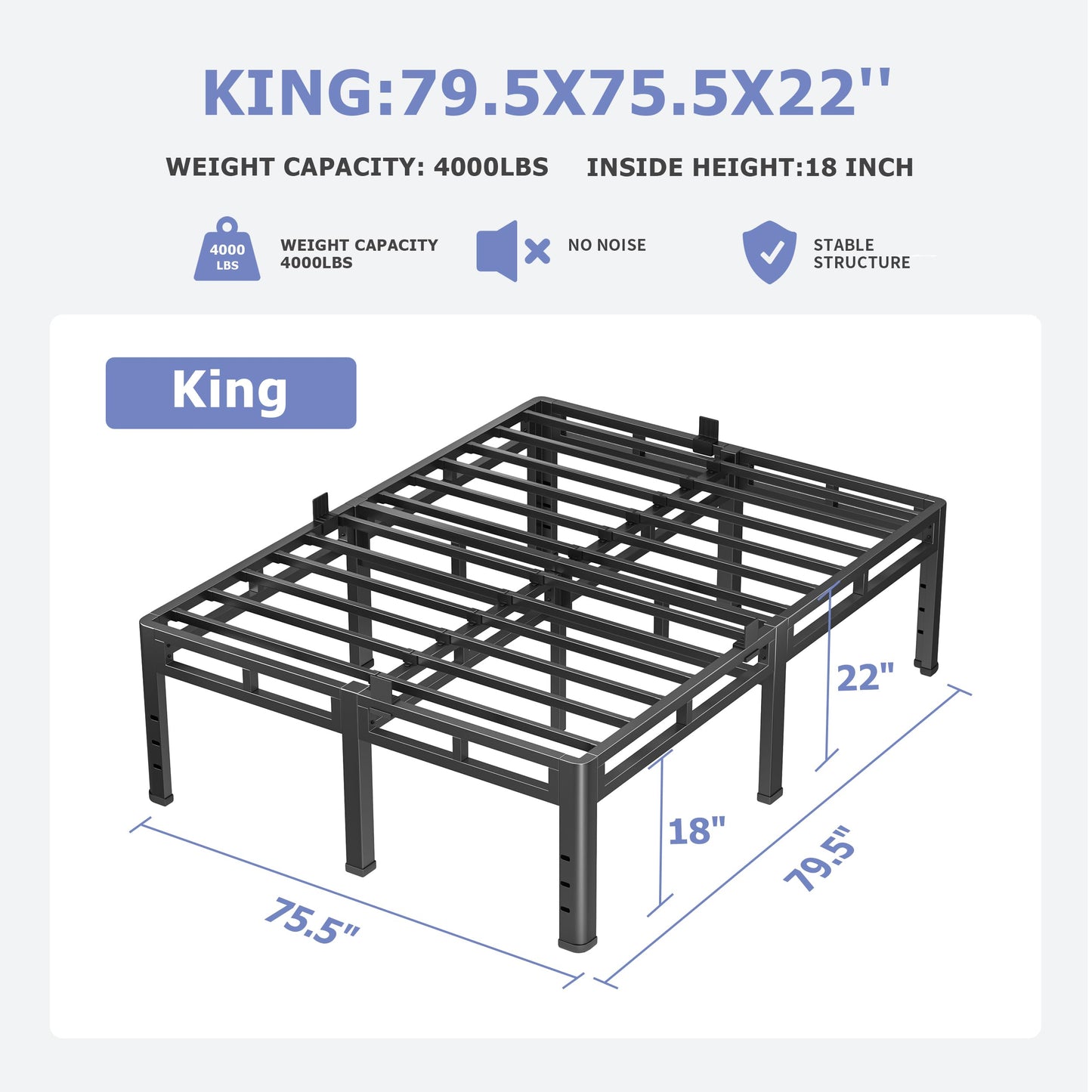 NKZ 22 Inch King Size Bed Frame, Metal Bed Frame & Box Spring 2 in 1 Platform with Round Corner Legs, 4000Lbs Heavy Duty Metal Frame, Mattress Slide Stopper, Headboard Hole, Noise-Free, Easy Assembly