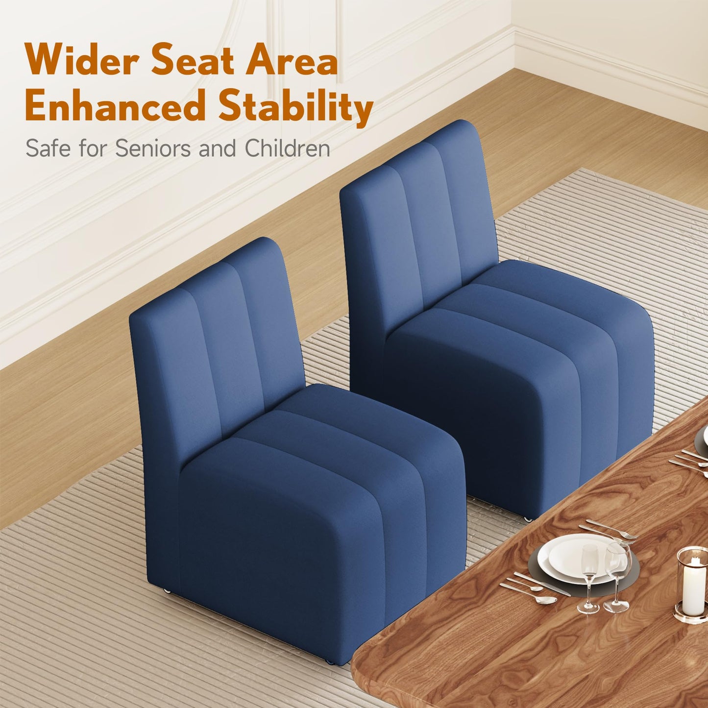 Upholstered Dining Chairs Set of 2, Modern Rolling Dining Chairs with Casters,Armless Swivel Chair,Linen Side Chair for Kitchen,Dining Room, Bedroom,Reading Room,Dressing Room,Living Room (Blue)
