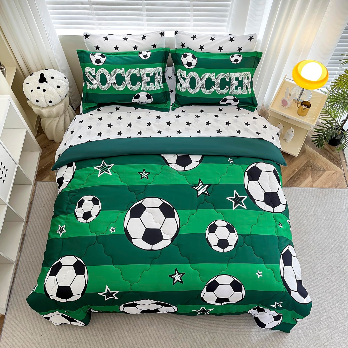 Gusuhome 7 Piece Boys Soccer Comforter Set Twin Size Bed in A Bag 3D Football Playground Sports Bedding Set for Kids Microfiber Comforter All Season Green