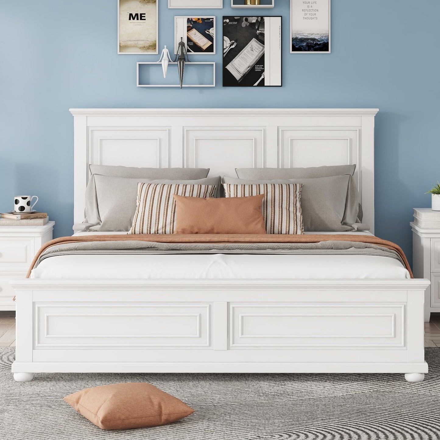 Duxelifin King Size Platform Beds for Bedroom, Tall Headboard King Bed Frame with Footboard, Pinewood Antique Bed Frame, Farmhouse Style, Noise-Free, No Box Spring Needed, White
