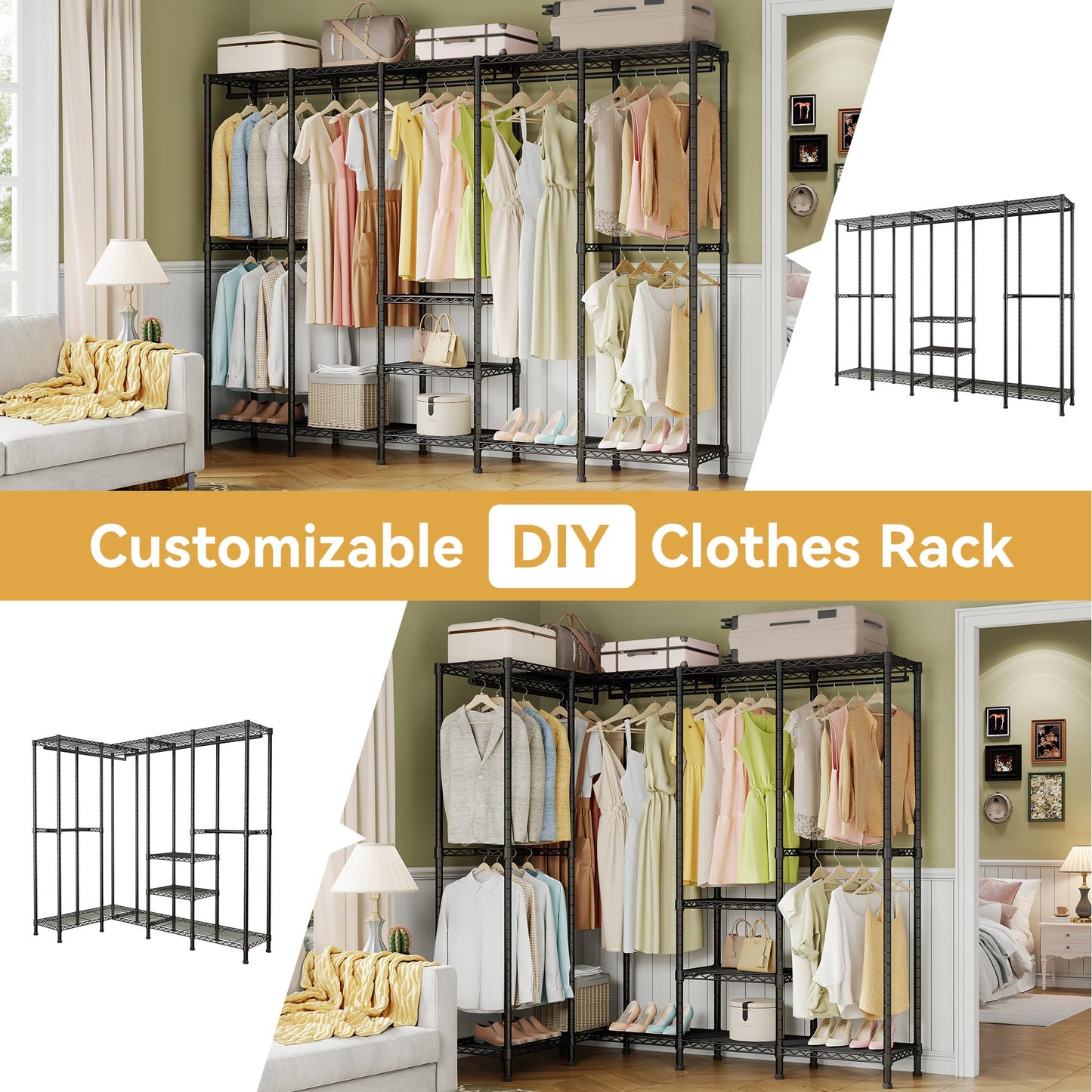 Higeego H5 Extra Large Wire Garment Rack, Heavy Duty Clothes Rack, Large Wardrobe Closet, Freestanding Closet Rack for Hanging Clothes, Clothing Racks with Adjustable Shelf, 93.3"Lx15.7"Wx75.4"H,Black