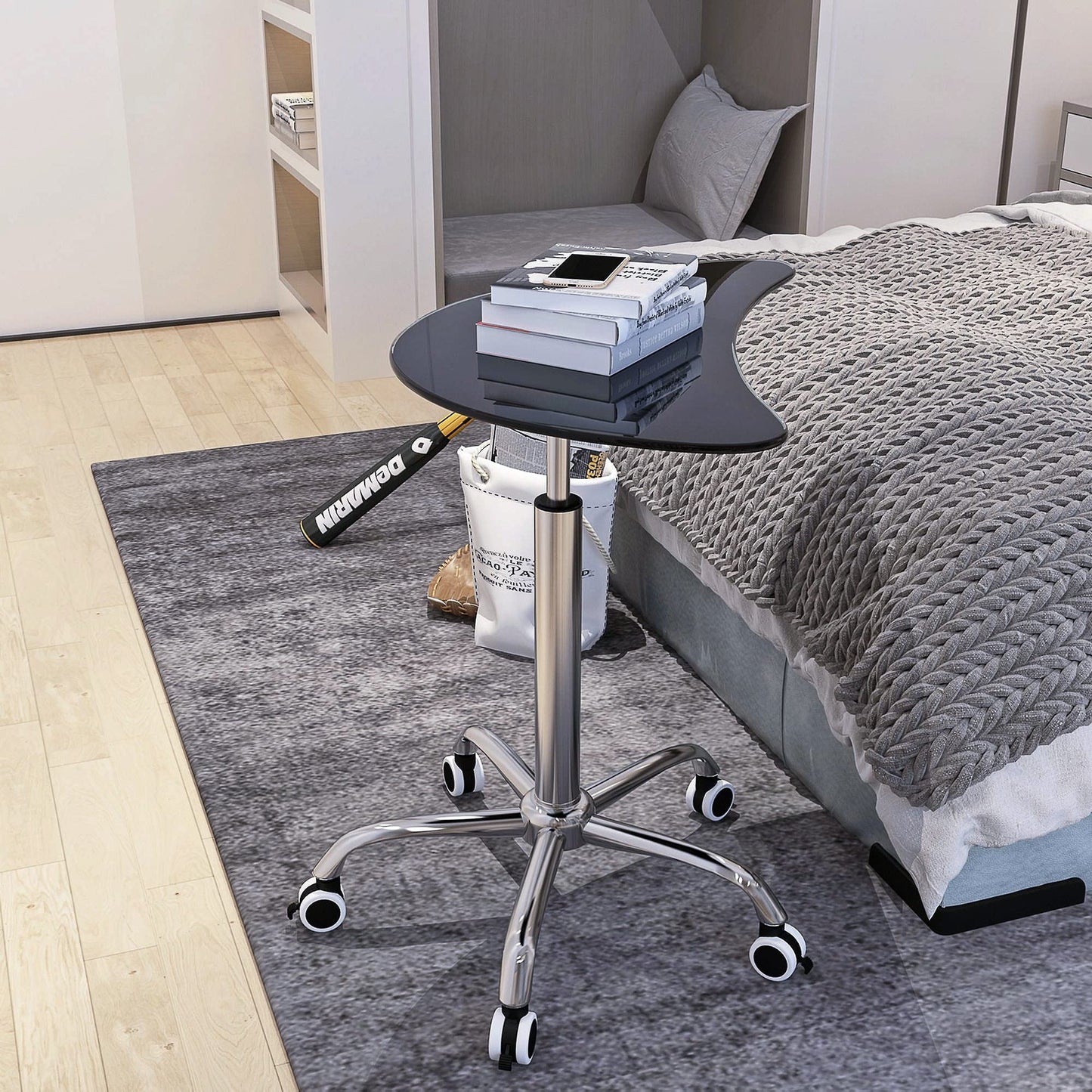 Adjustable Height Tempered Glass Side Table, Rolling Small Desk with 5 Lockable Wheels.(Adjustable Range 24.2 "~32.7 ") (Black)