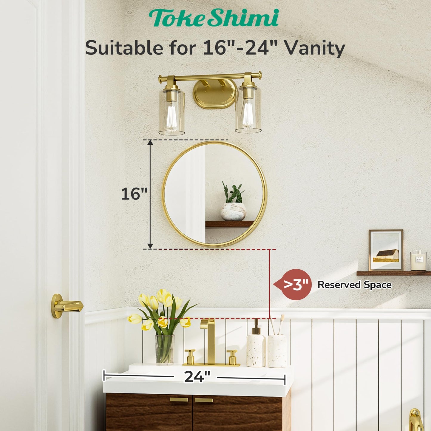 TokeShimi 16 in Round Gold Mirror Framed, 16 x 16 Shatterproof Circle Bathroom Vanity Mirror Wall Mounted Aluminum Wall Mirrored Farmhouse for Entryway, Bedroom, Restroom, Vanity, Living Room
