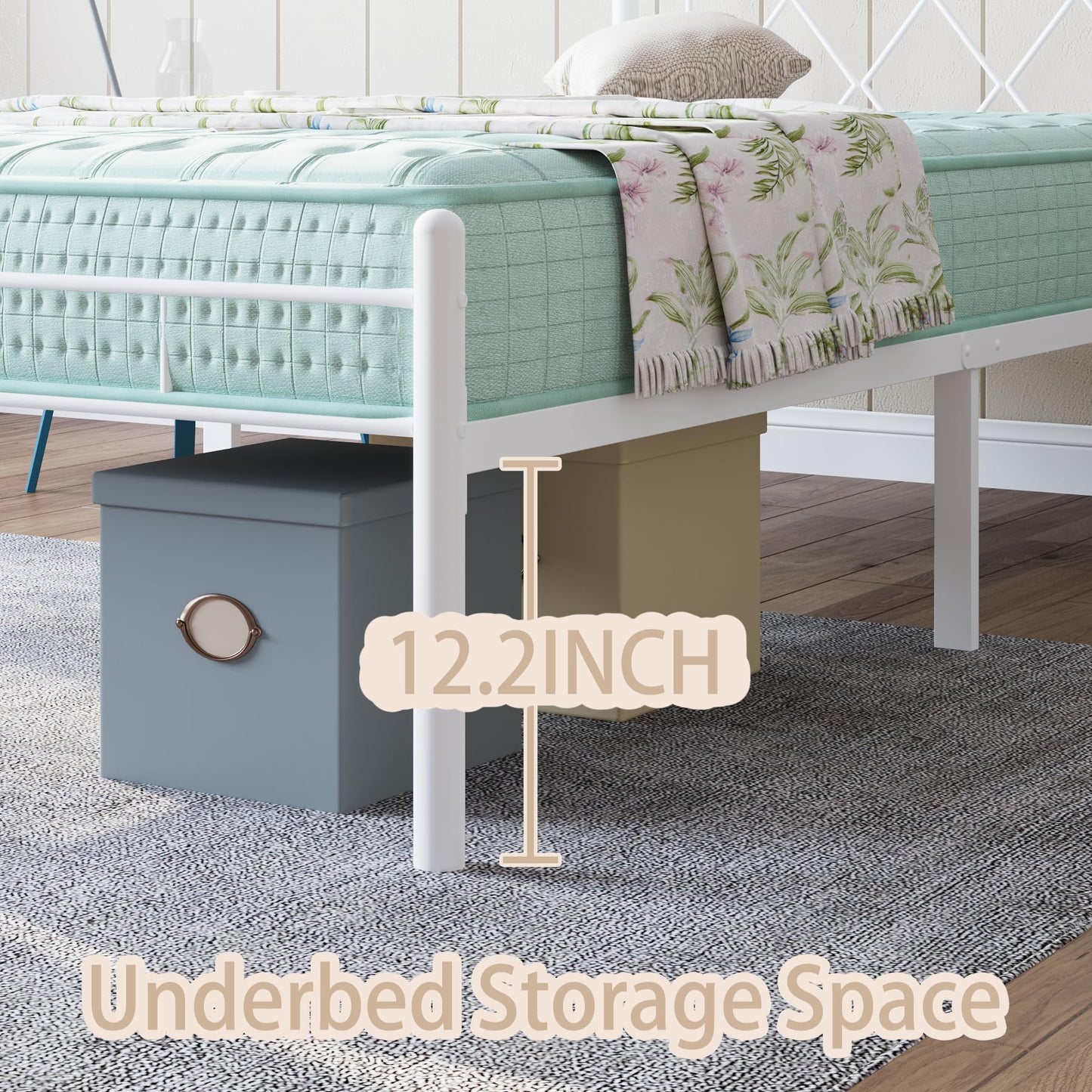 Kinshionroyal 14 Inch Full Size Bed Frame No Box Spring Needed,Metal Platform with Headboard and Footboard,Heavy Duty Slats Support Easy Assemble Noise Free(White and Rhombus)