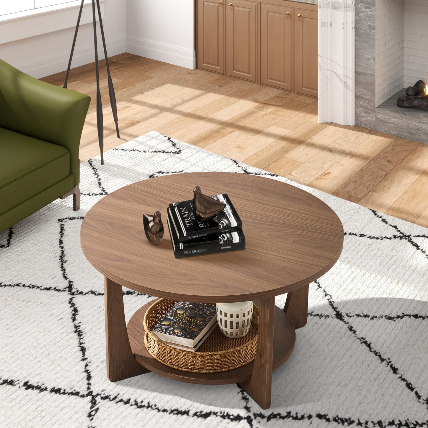 BECHAEO 31.5'' Round Coffee Table with Solid Wood Pine Legs, 2-Tier Retro Round Coffee Table with Storage Shelf, Small Modern Wood Circle Coffee Table Boho Round Center Table for Living Room (Walnut)