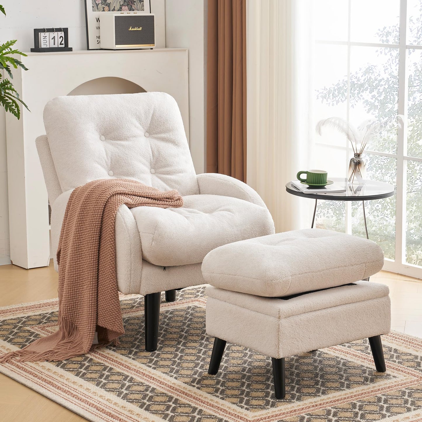 ELUCHANG Accent Chairs with Ottoman, Upholstered Comfy Armchair with Adjustable Backrest&Storage Footrest, Lazy Chair Reading Chair Leisure Sofa Recliner for Living Room Bedroom (White - Teddy Fabric)