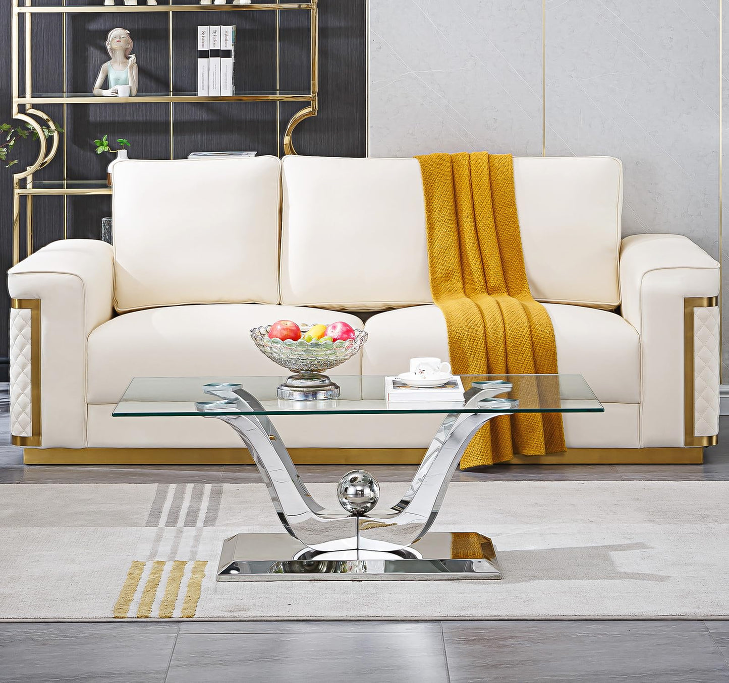 HomVent 47" Coffee Table, Tempered Glass Coffee Tables for Living Room, Entryway Bedside Table, Modern Side Tables Bedroom with Mirror Finish Stainless Steel Base