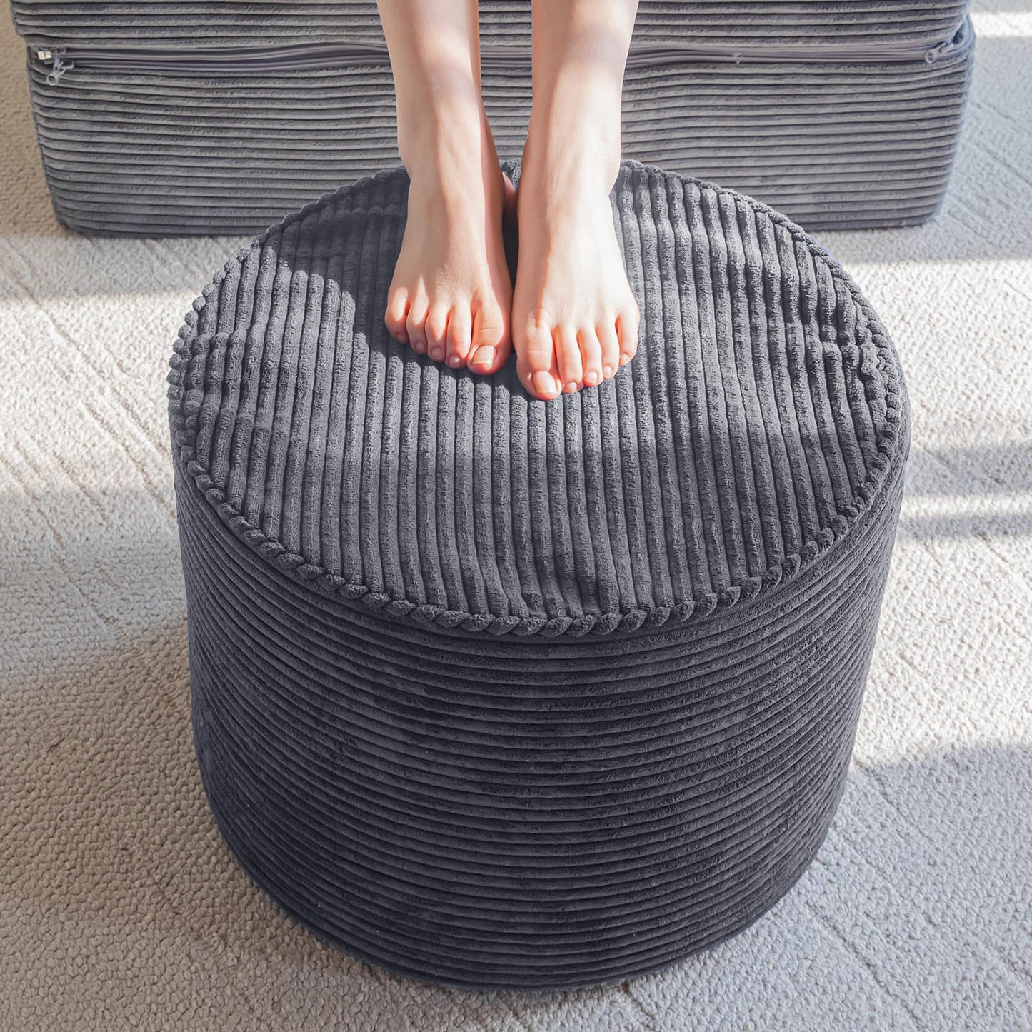 HIGOGOGO Round Stuffed Pouf Ottoman, Corduroy Poufs with High-Density Foam Filling, Furry and Fluffy Pouf Foot Stool Storage Ottoman, 17.7 x 13.8 Floor Poufs Foot Rest for Living Room，Dark Grey